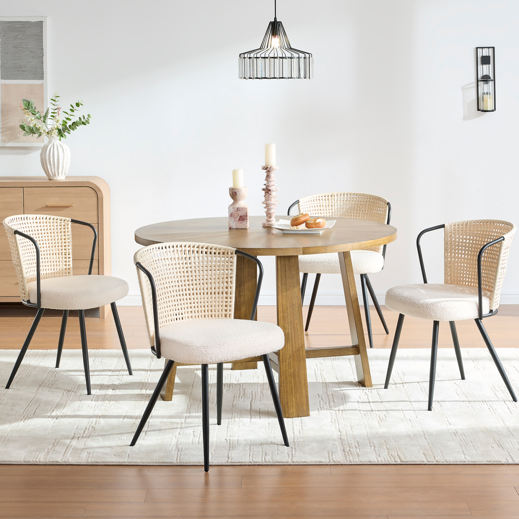 Sailvan Dining Chair Set, Accent Rattan Dining Room Chairs, Modern Kitchen Chairs with Lamb Fleece Cushion, Mid Century Style Living Room Chairs, Easy Assembly, Beige
