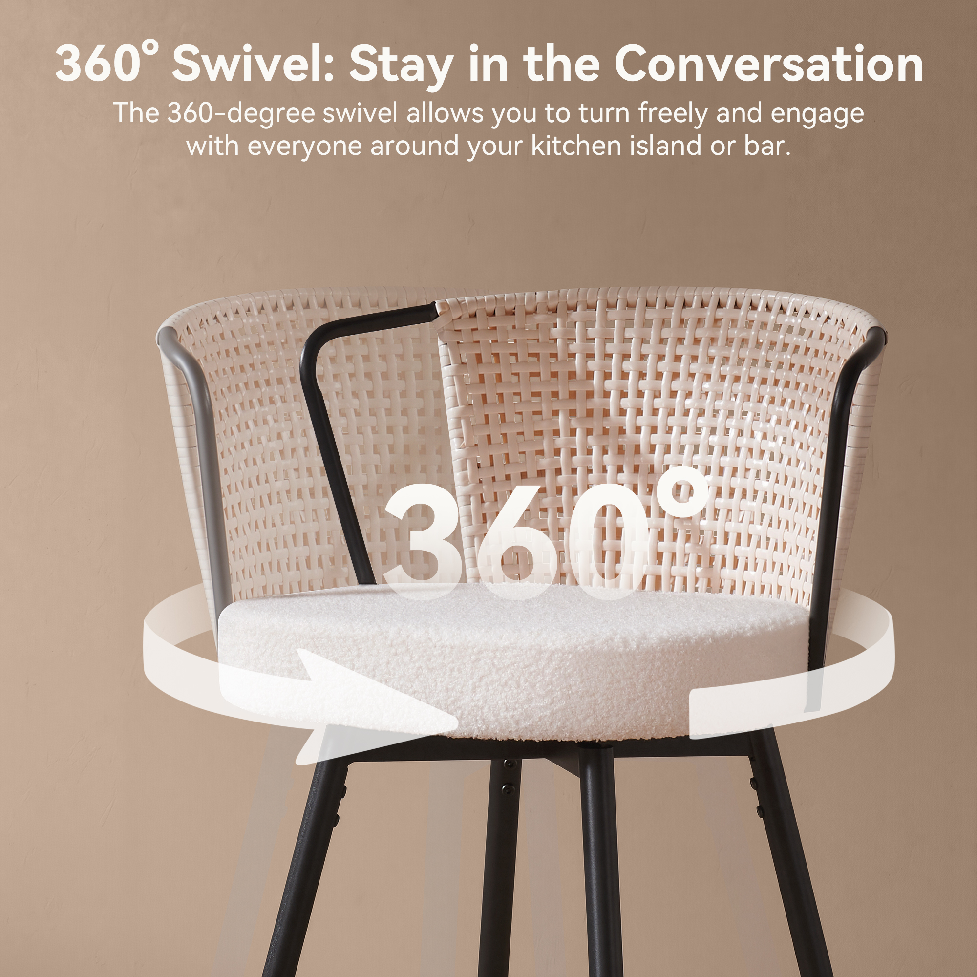 Sailvan Swivel Bar Stool Set, 35.8" Rattan Counter Height Bar Chairs with Back & Footrest, Modern Upholstered Counter Stools for Kitchen Island, Easy Assembly, Beige