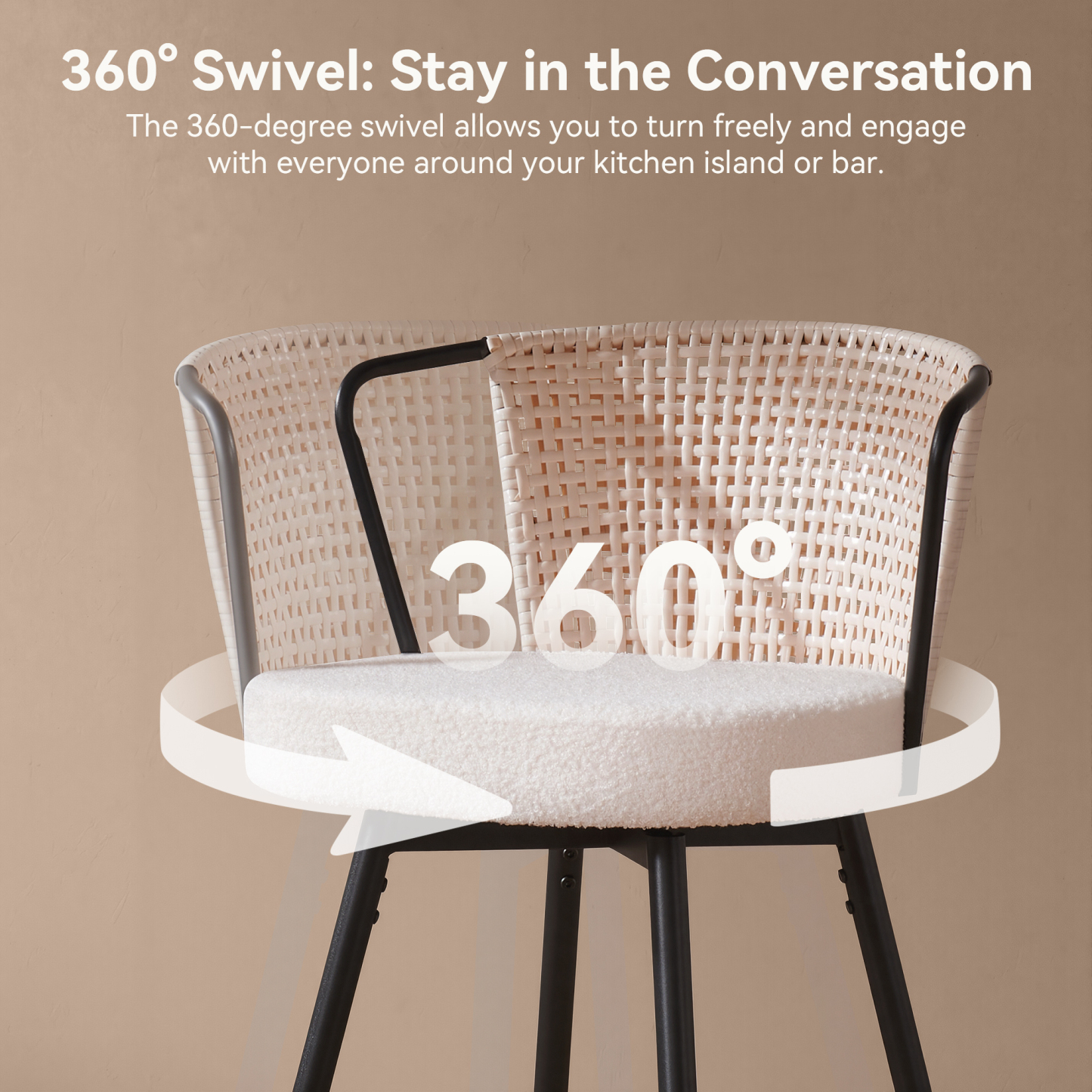 Sailvan Swivel Bar Stool Set, 35.8" Rattan Counter Height Bar Chairs with Back & Footrest, Modern Upholstered Counter Stools for Kitchen Island, Easy Assembly, Beige