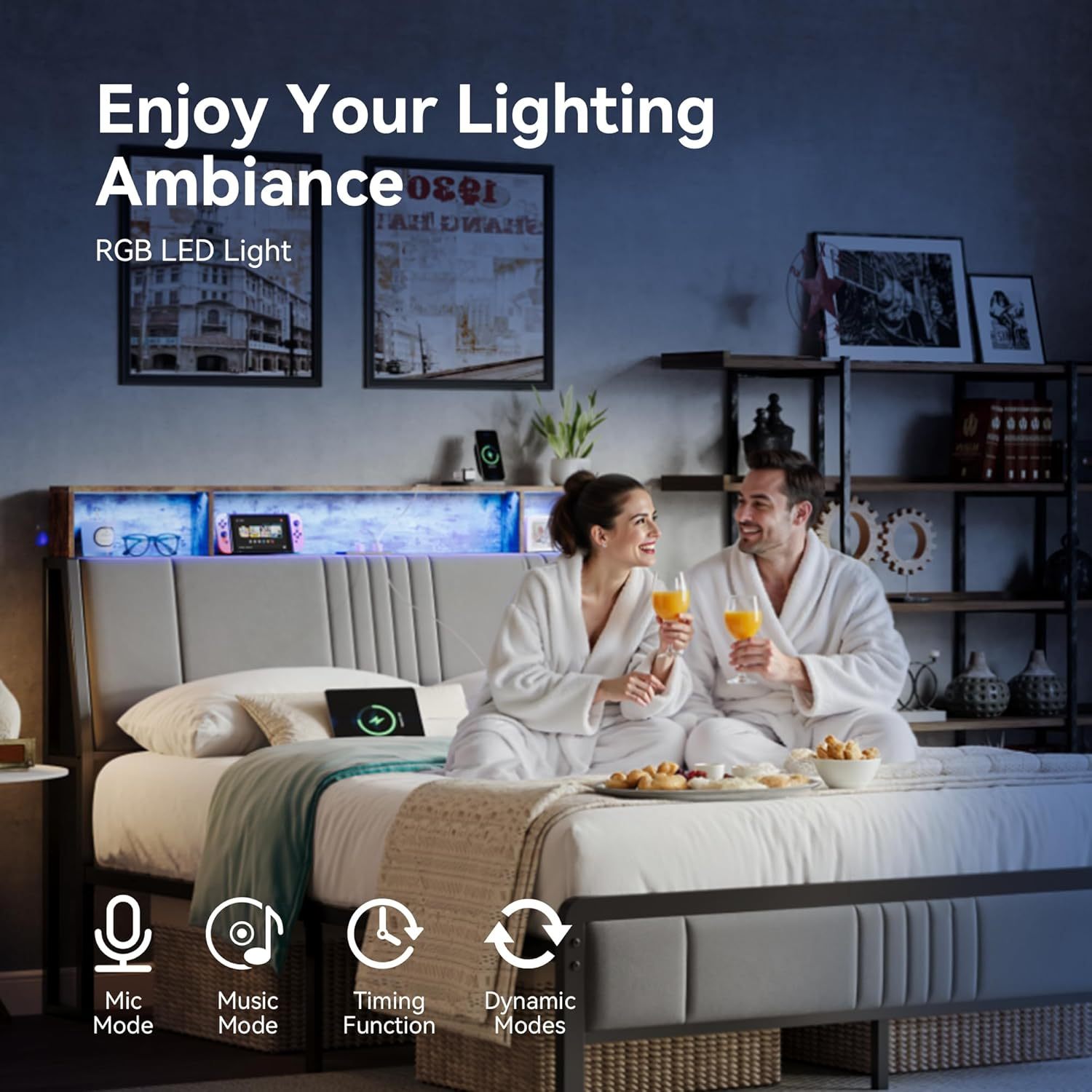 Susalt Bed Frame with Headboard, Velvet Upholstered Platform Bed with USB Charging, LED Lights and Underbed Storage, No Box Spring Needed, Gray