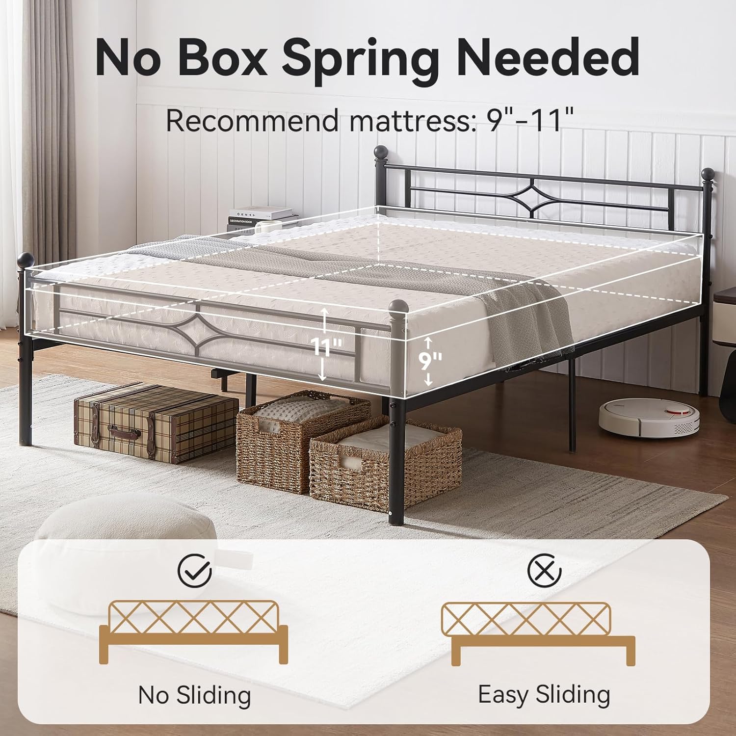 Sailvan Bed Frame, Heavy-duty Metal Bed Frames with Headboard, No Box Spring Needed, Black