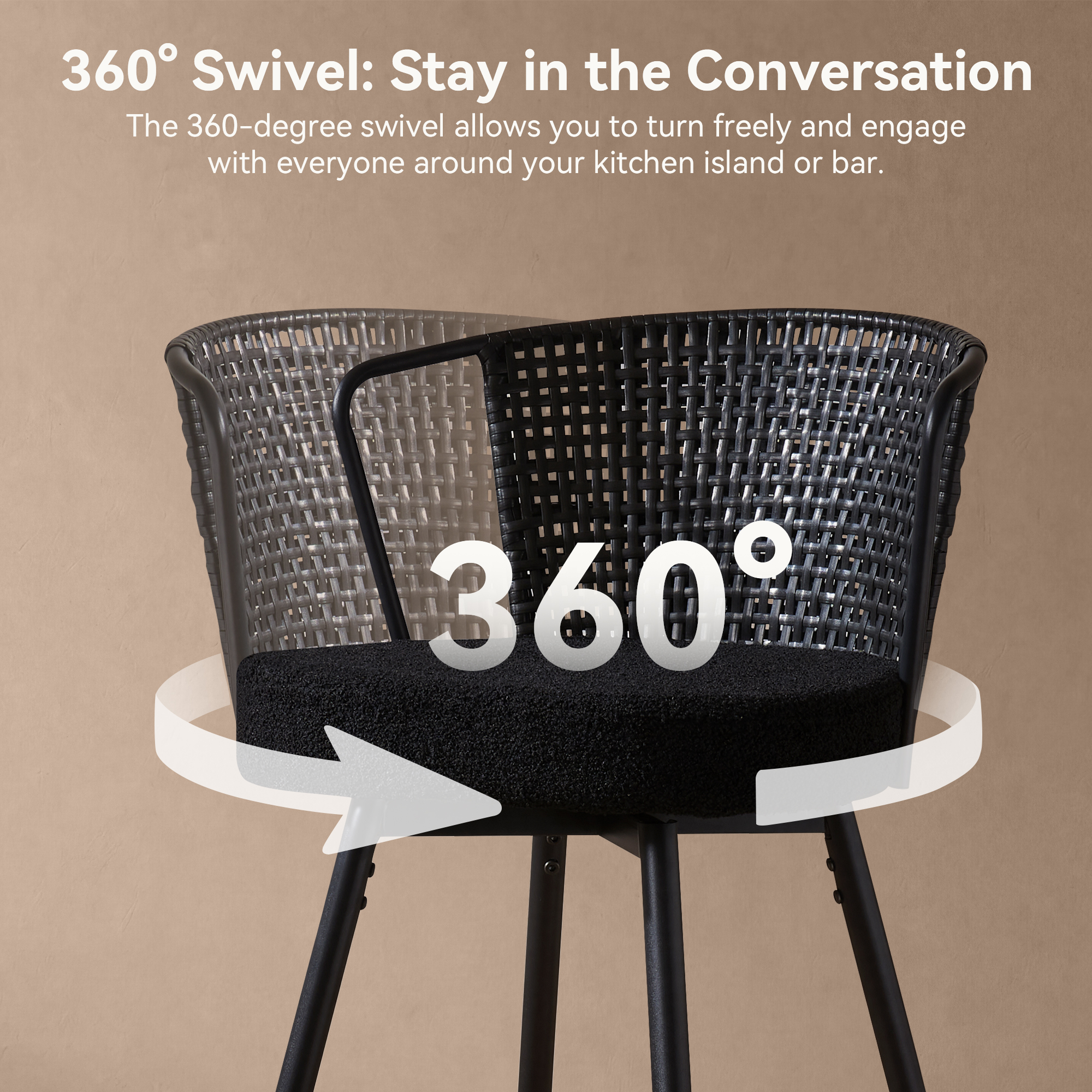Sailvan Swivel Bar Stool Set, 35.8" Rattan Counter Height Bar Chairs with Back & Footrest, Modern Upholstered Counter Stools for Kitchen Island, Easy Assembly, Black