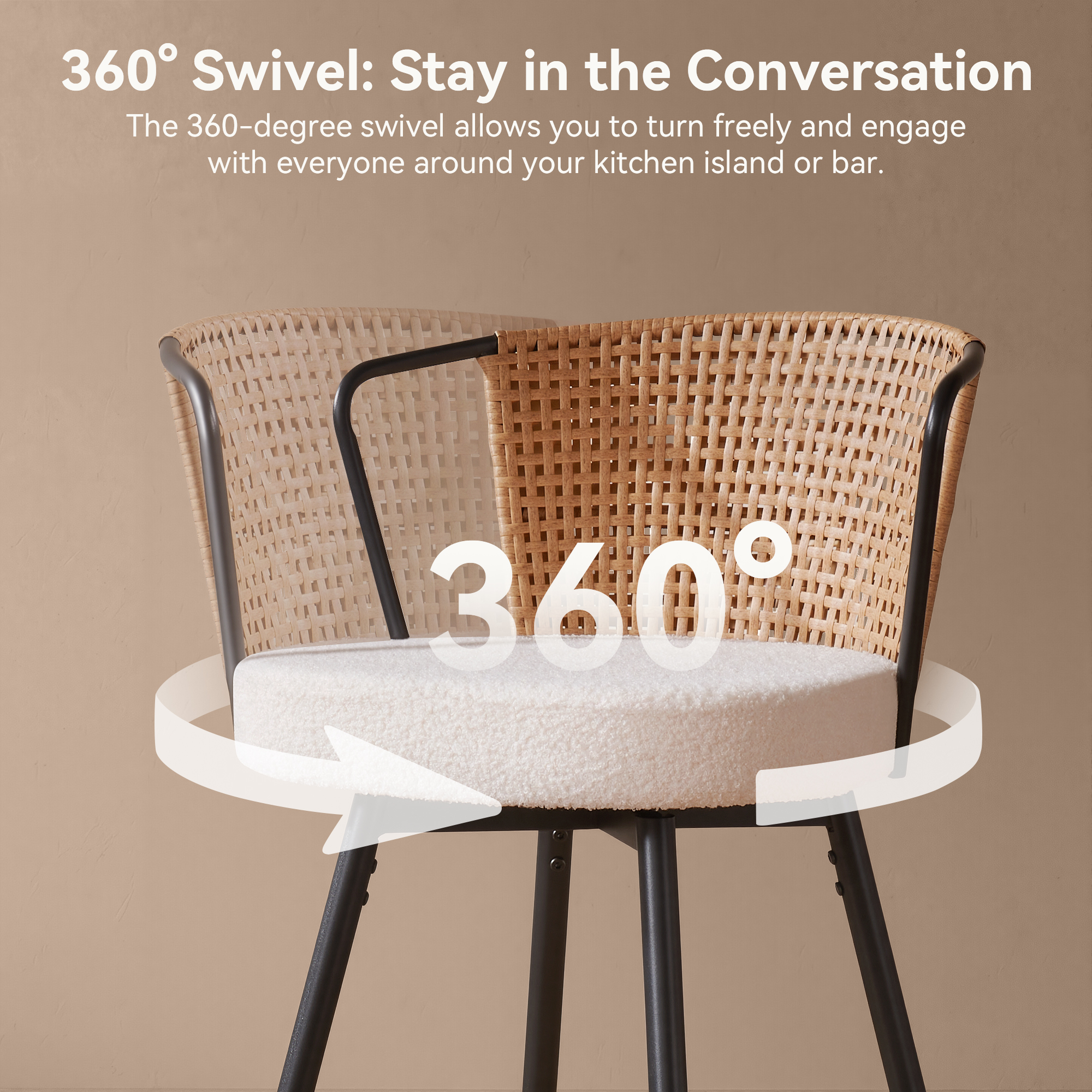 Sailvan Swivel Bar Stool Set, 35.8" Rattan Counter Height Bar Chairs with Back & Footrest, Modern Upholstered Counter Stools for Kitchen Island, Easy Assembly, Brown