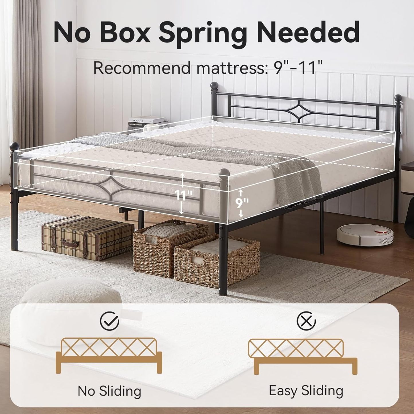 Sailvan Bed Frame, Heavy-duty Metal Bed Frames with Headboard, No Box Spring Needed, Black