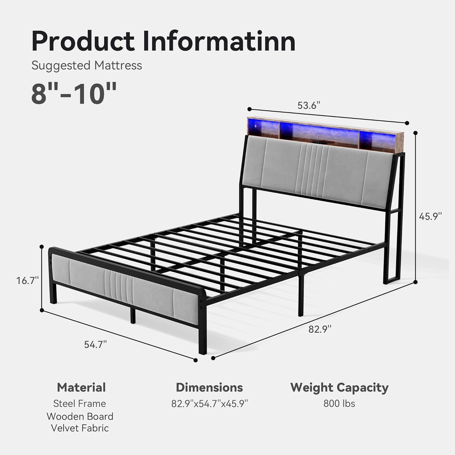 Susalt Bed Frame with Headboard, Velvet Upholstered Platform Bed with USB Charging, LED Lights and Underbed Storage, No Box Spring Needed, Gray