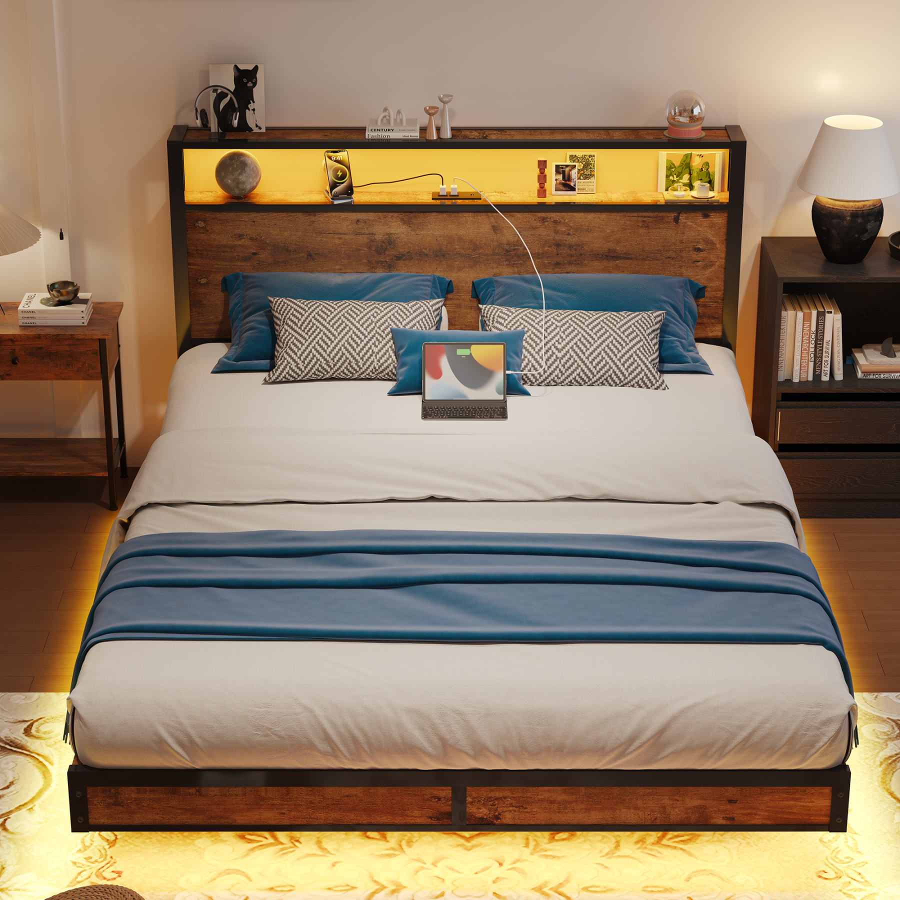 Susalt Bed Frame with LED Lights and Headboard, Metal Industrial Style Platform Full Size Bed Frame with Charging Station & LED Lights