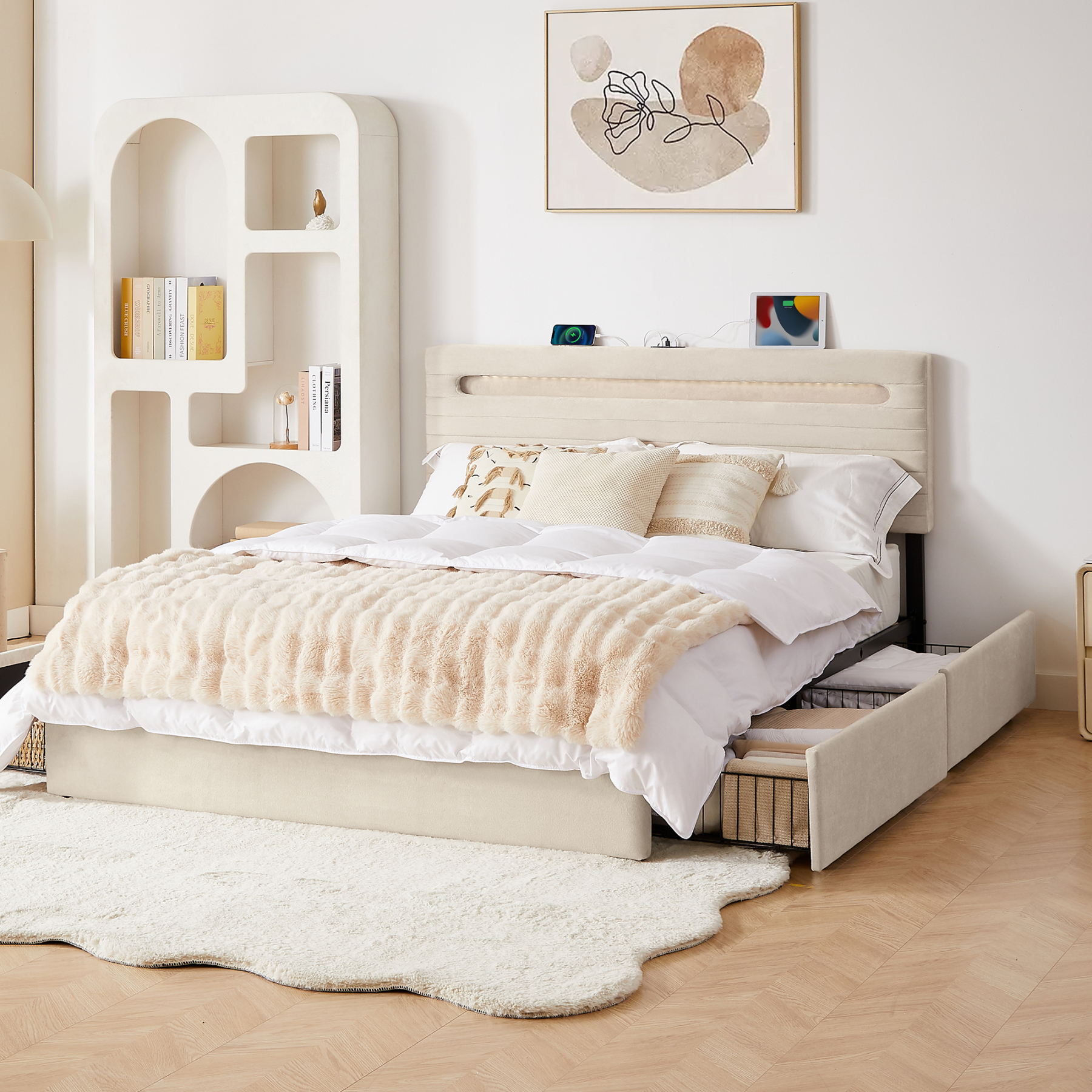 Sailvan Bed Frame with 4 Storage Drawers, Velvet Upholstered LED Bedframe with Charging Station and headboard, Wood Slats Support, No Box Spring Needed,