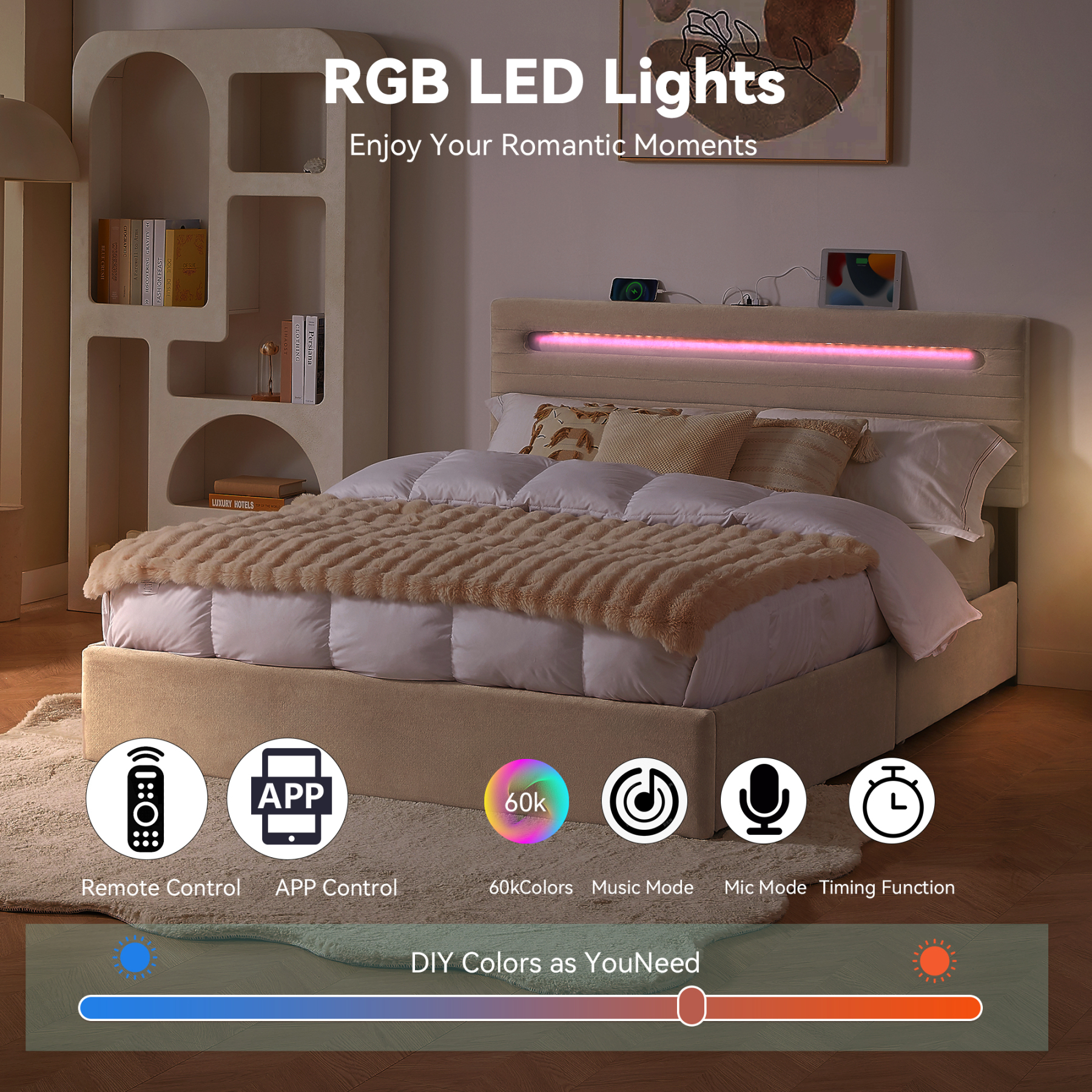 Sailvan Bed Frame with 4 Storage Drawers, Velvet Upholstered LED Bedframe with Charging Station and headboard, Wood Slats Support, No Box Spring Needed,