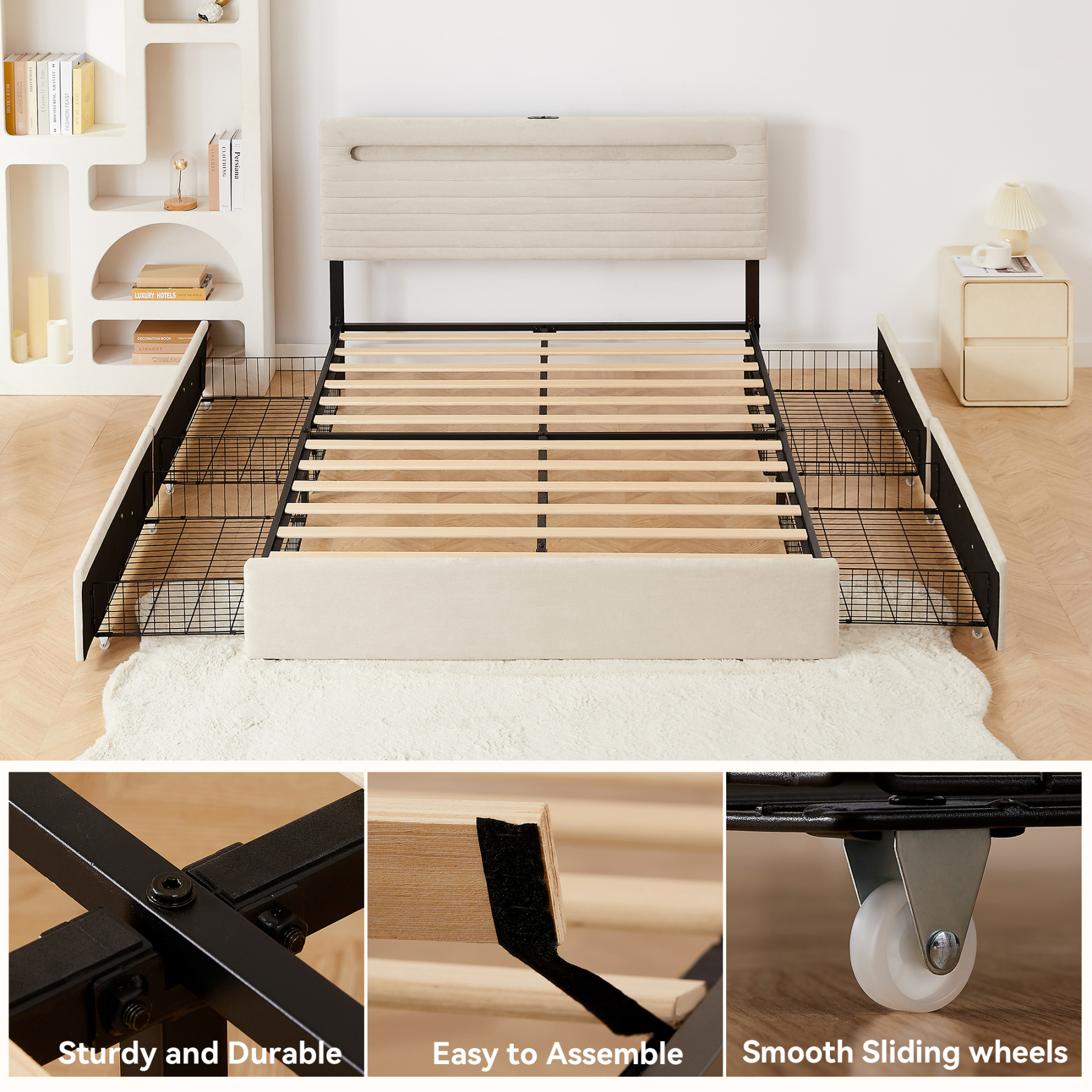 Sailvan Bed Frame with 4 Storage Drawers, Velvet Upholstered LED Bedframe with Charging Station and headboard, Wood Slats Support, No Box Spring Needed,