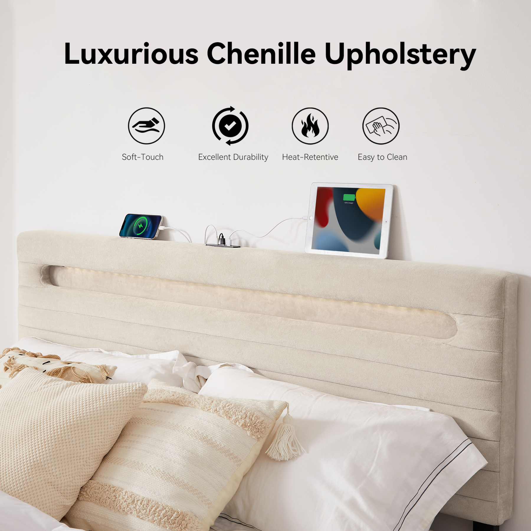 Sailvan Bed Frame with 4 Storage Drawers, Velvet Upholstered LED Bedframe with Charging Station and headboard, Wood Slats Support, No Box Spring Needed,