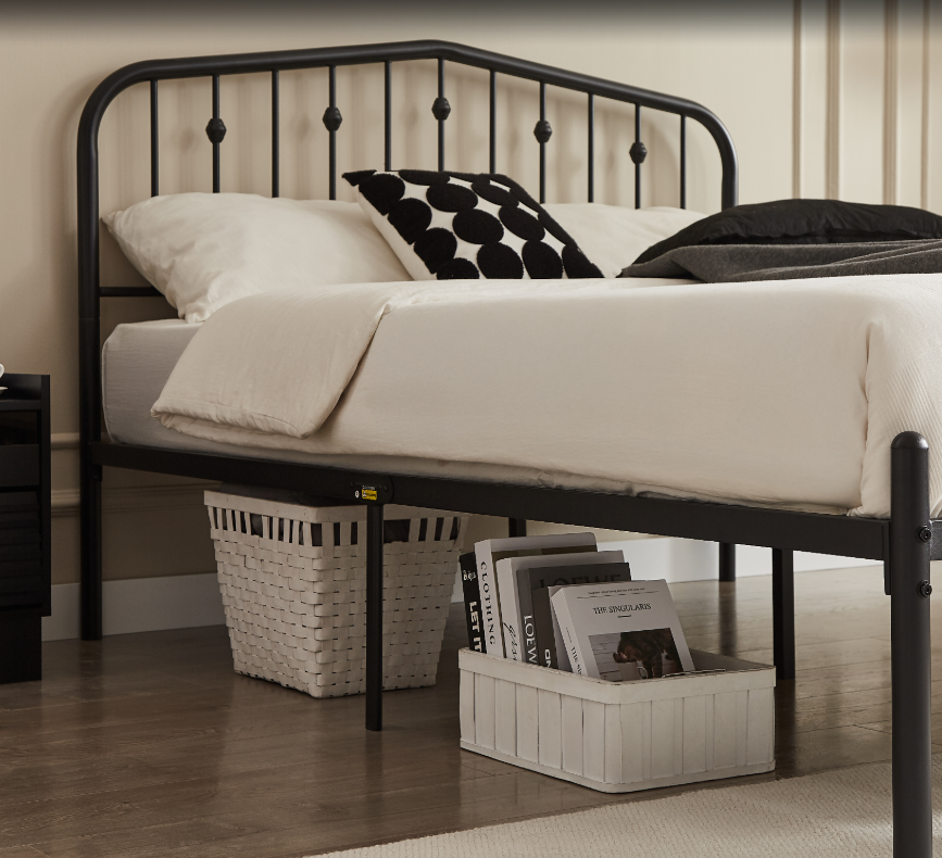 Queen Bed Frames Metal Platform Bed with Victorian Style Wrought Iron Headboard, Easy Assembly Black Bed with 1000lbs Capacity, No Box Spring Needed, Noise Free