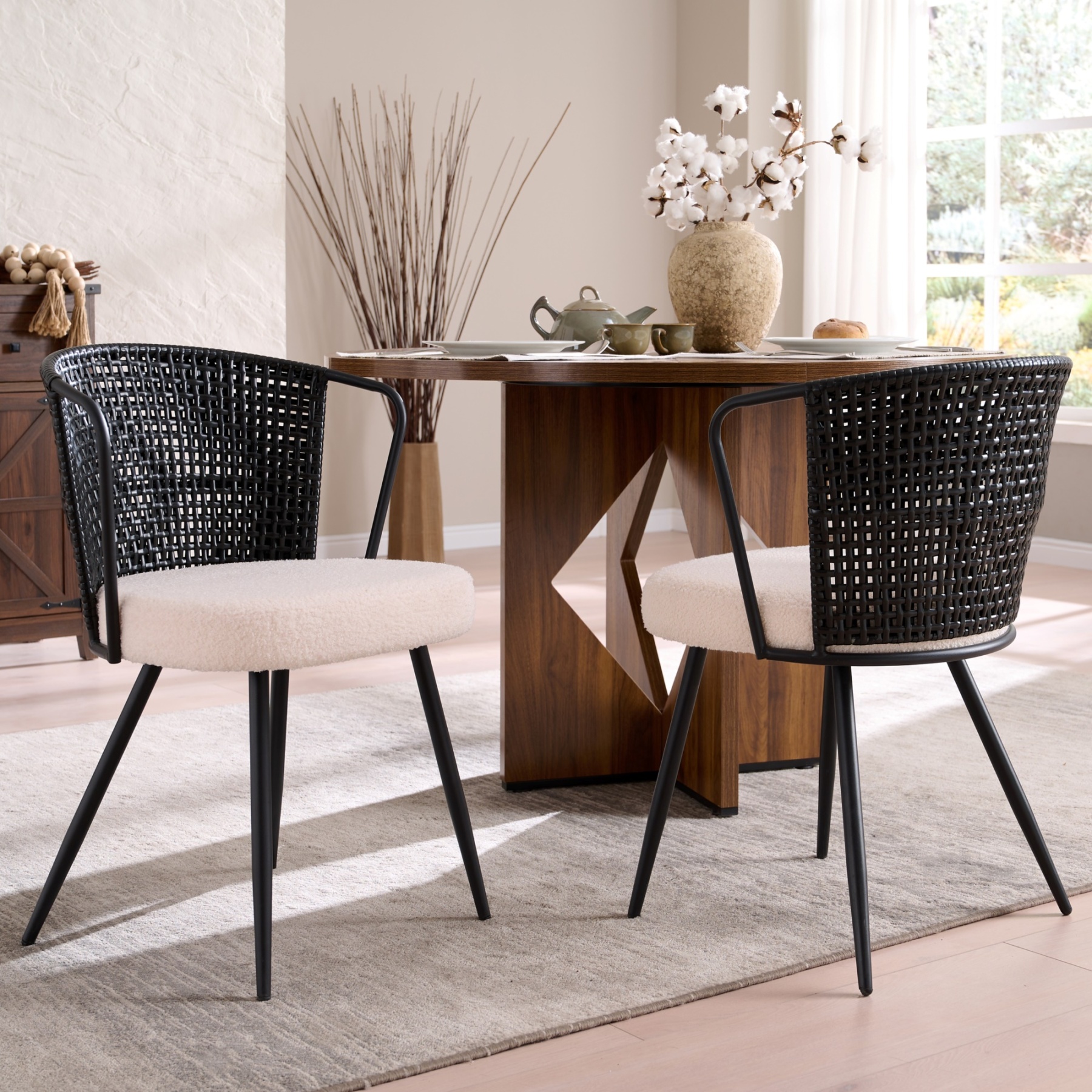 Dining Chair Set of 2, Upholstered Kitchen & Dining Room Chairs Tufted Accent Chairs with Rattan Backrest & Lamb Fleece Fabric Cushion, Wingback Dining Room Seat