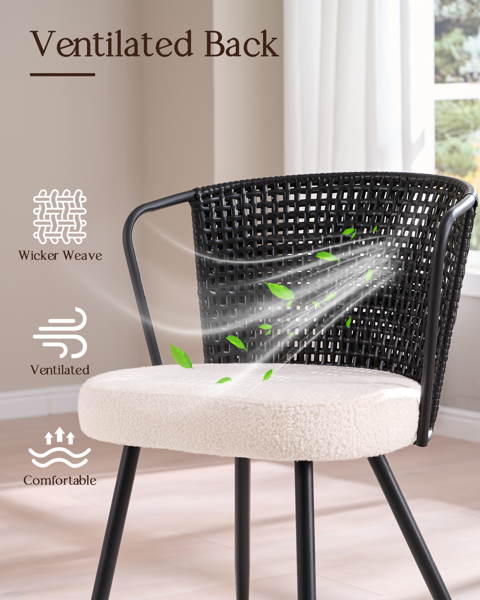 Dining Chair Set of 4, Upholstered Kitchen & Dining Room Chairs Tufted Accent Chairs with Rattan Backrest & Lamb Fleece Fabric Cushion, Wingback Dining Room Seat