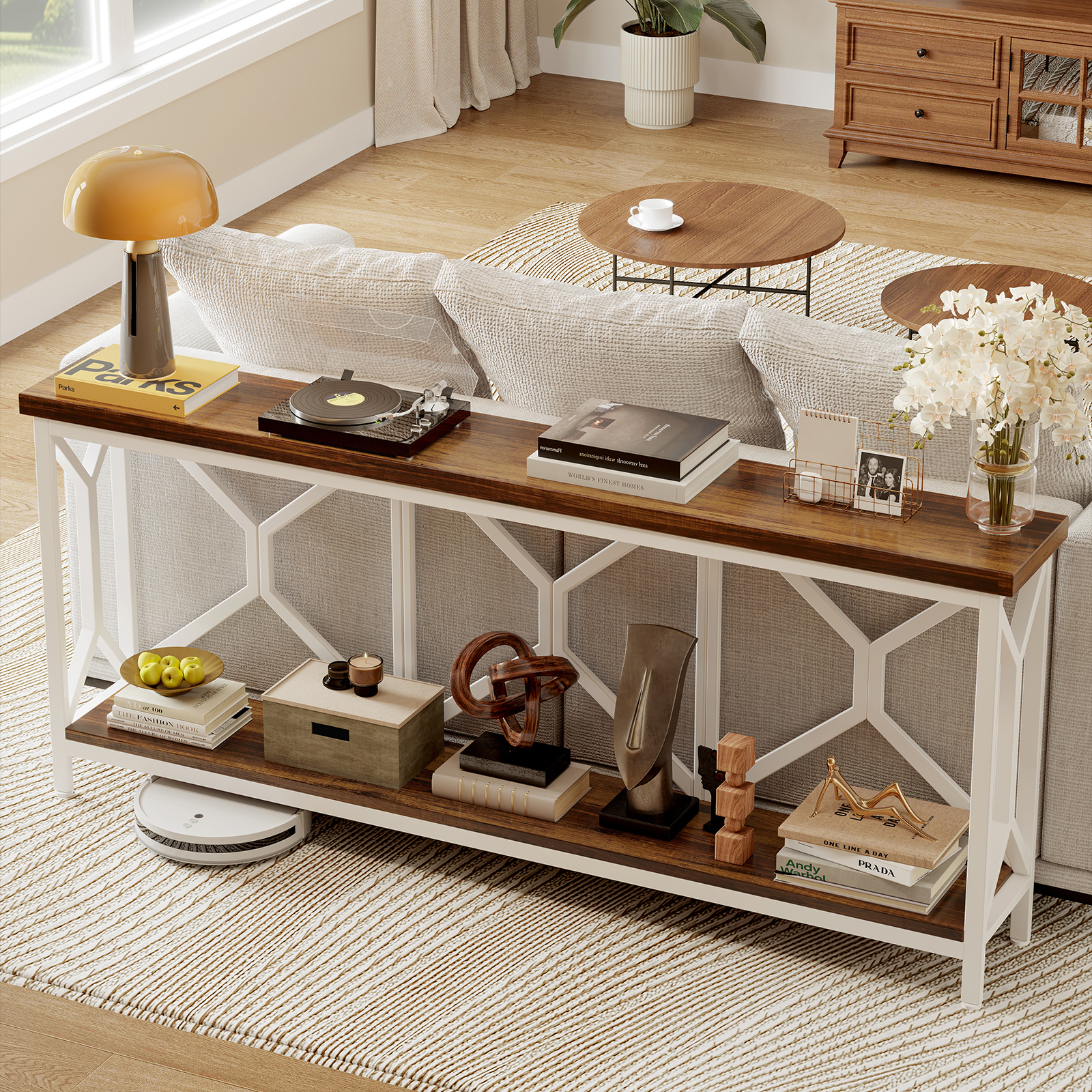 Sailvan 70.9" Extra Long Entryway Table, Narrow Wood Industria Console Table Behind Couch with Large Storage Space, Thick Sofa Table for Hallway, Entryway, Living Room, Foyer, Walnut and White