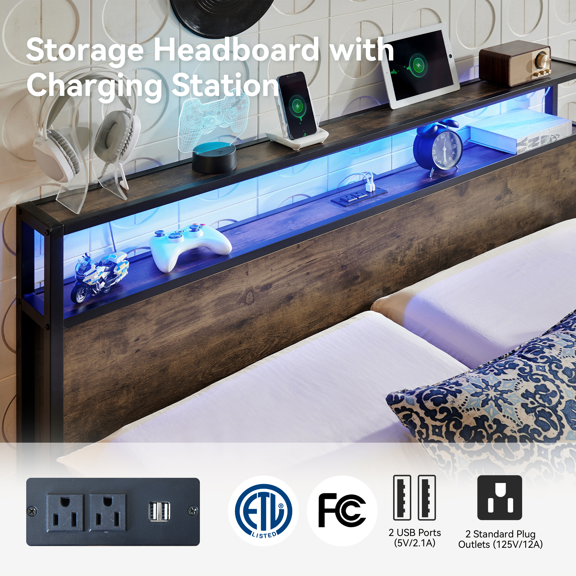 Sailvan Bed Frame, Platform Bed Frame with Headboard and Storage Shelves, LED Light with Metal Slats, Outlets & USB, Dark Brown, Mattress Not Included