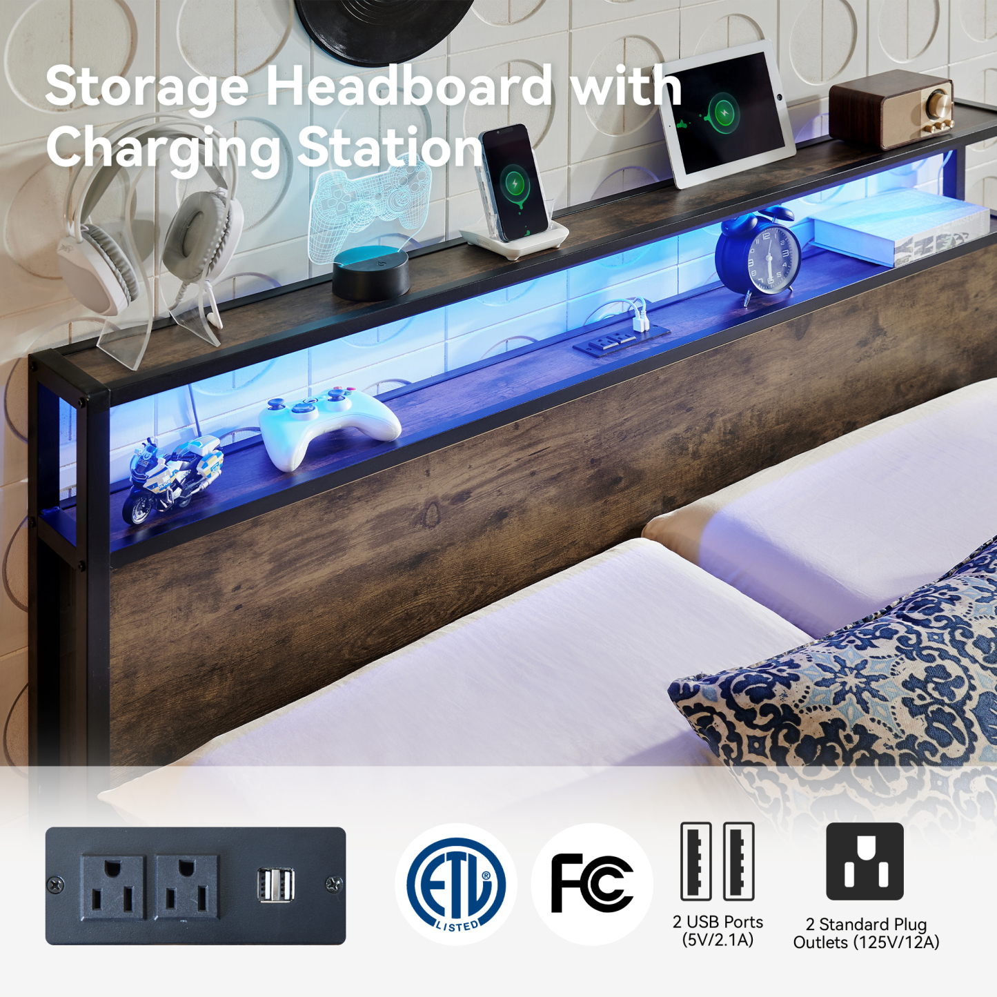 Sailvan Bed Frame, Platform Bed Frame with Headboard and Storage Shelves, LED Light with Metal Slats, Outlets & USB, Dark Brown, Mattress Not Included