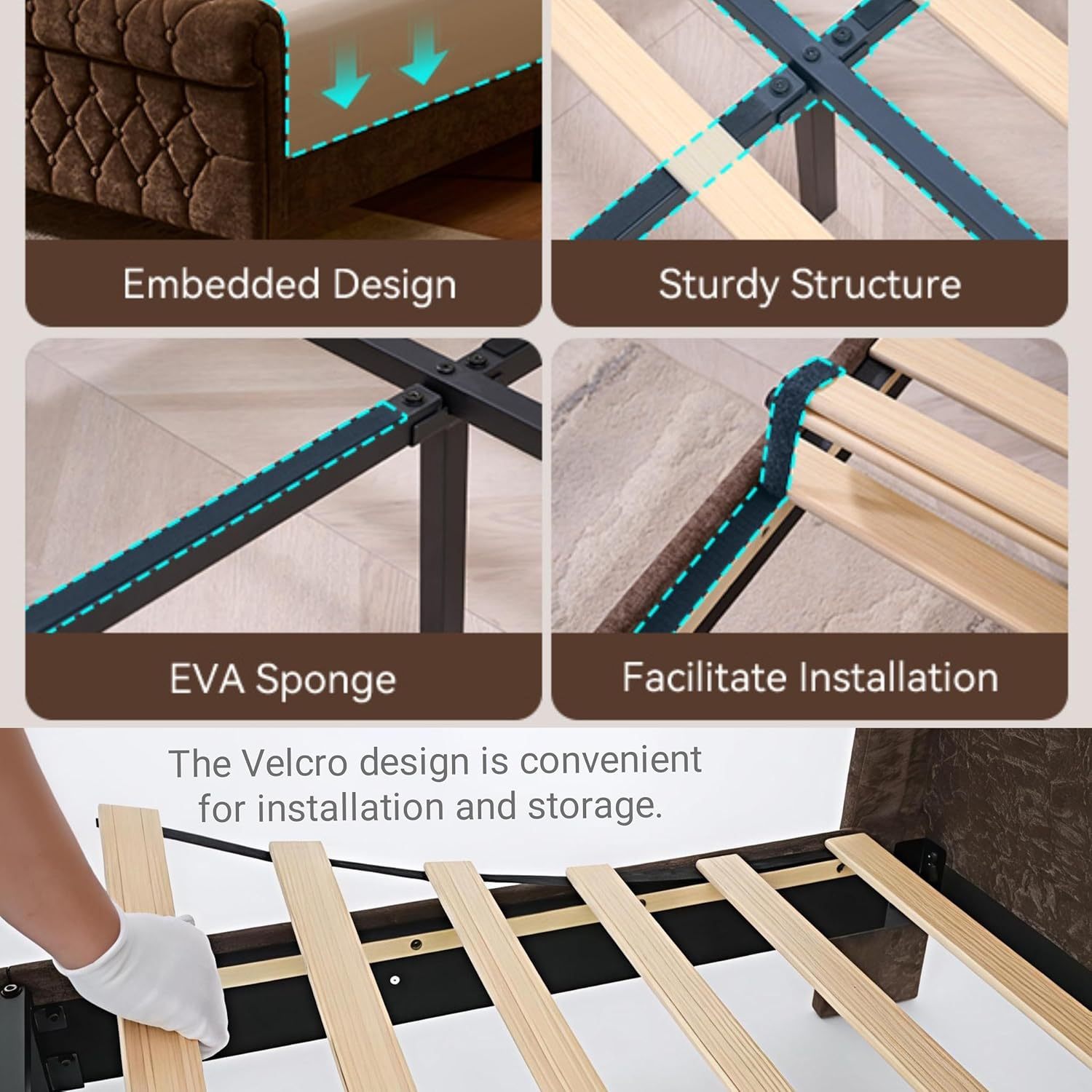 Susalt Queen Size Platform Bed Frame, Chenille Upholstered Sleigh Bed Frame with Scroll Footboard, Button Tufted/Wood Slats Support/No Box Spring Needed