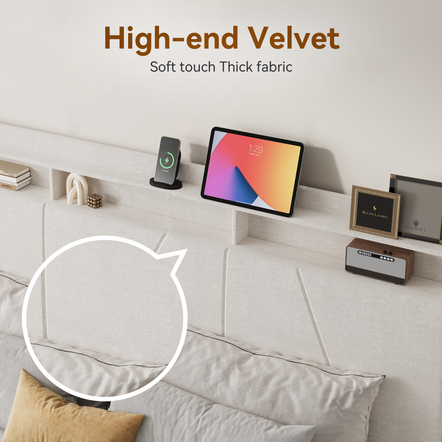 Sailvan Queen Size Bed Frame Upholstered Platform Queen Size Bed Frame with 52" Velvet Tall Headboard Wingback,No Box Spring Needed, Noise Free/Easy Assembly, Beige