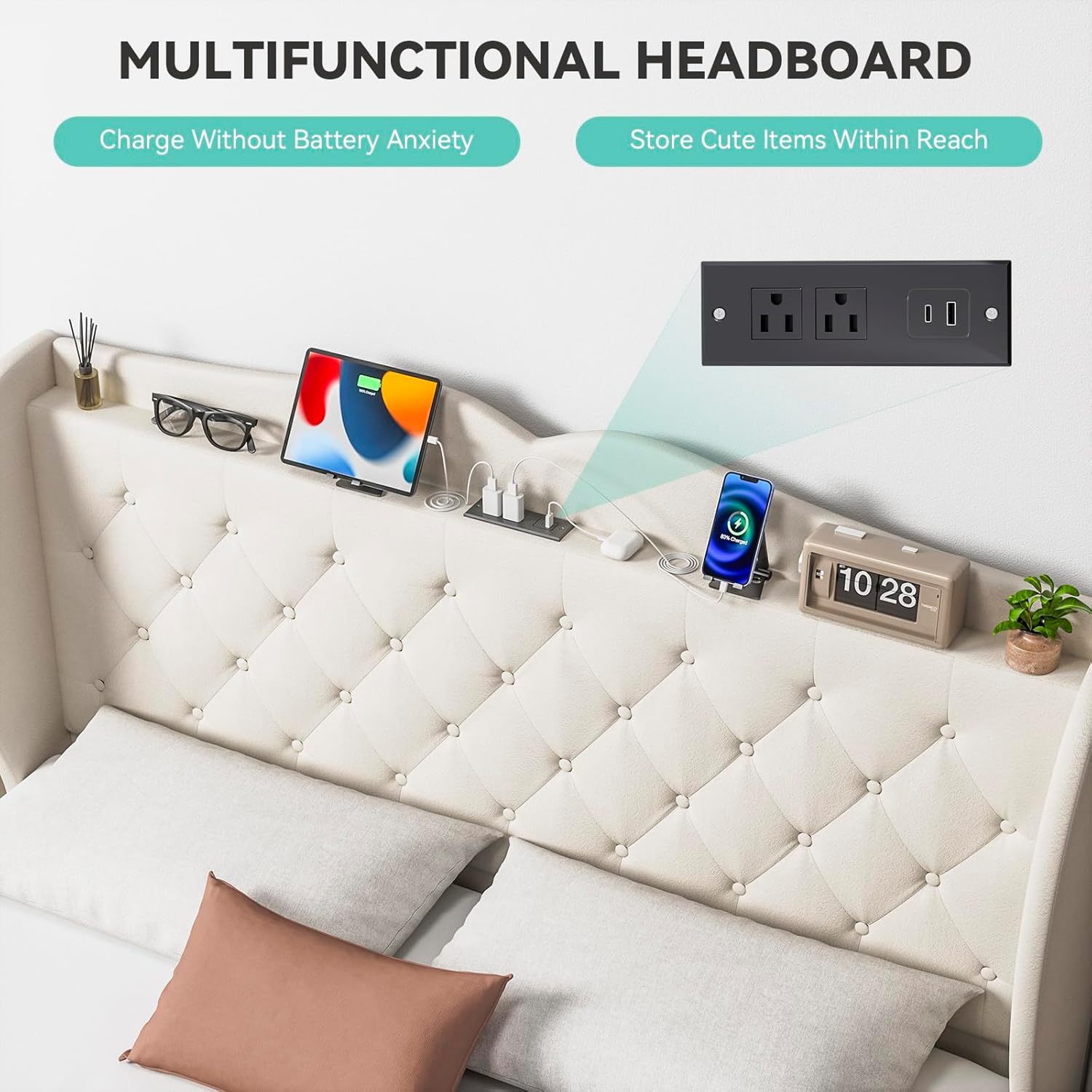 Sailvan Queen Bed Frame with Tall Wingback Headboard,Upholstered Platform Bed Frame with Charging Station, 4 Storage Drawers, Button Tufted, Easy Assembly, No Box Spring Needed, Beige