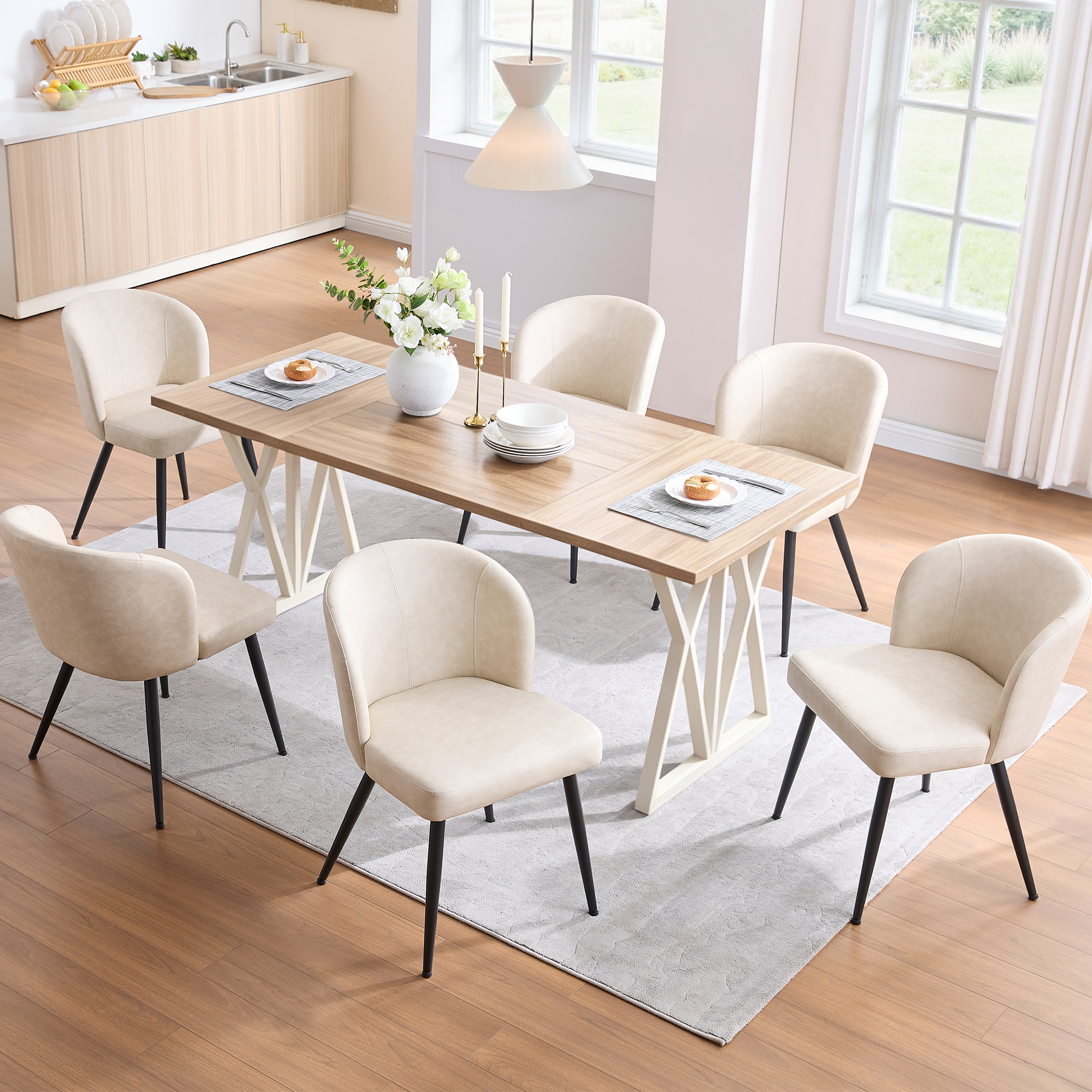 Sailvan Beige Dining Chairs Set, Modern Living Room Chairs, Leather Kitchen Chairs, Mid Century Style Upholstered Chairs for Dining room, With Cushion Seat And Metal Legs, Easy Assembly