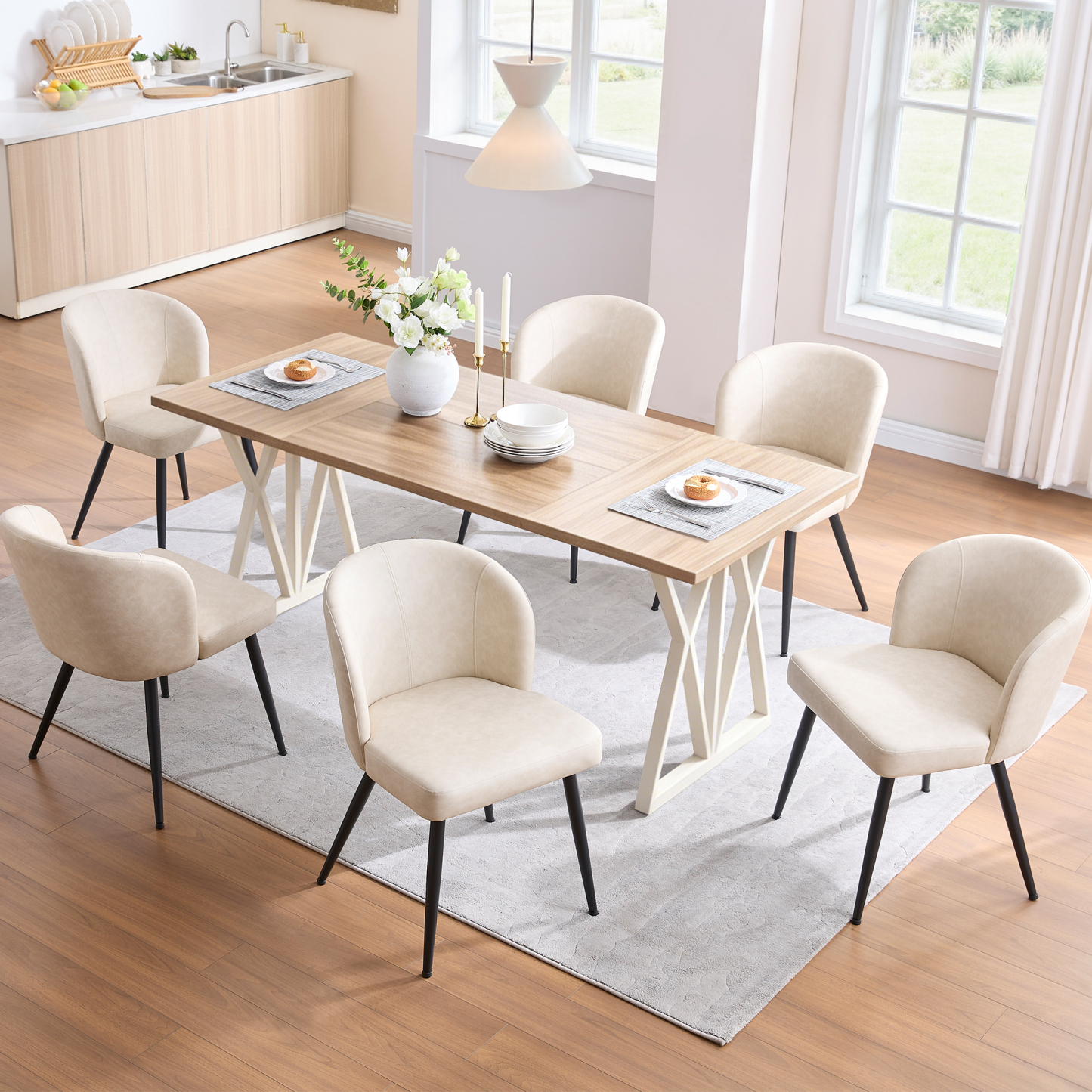 Sailvan Beige Dining Chairs Set, Modern Living Room Chairs, Leather Kitchen Chairs, Mid Century Style Upholstered Chairs for Dining room, With Cushion Seat And Metal Legs, Easy Assembly