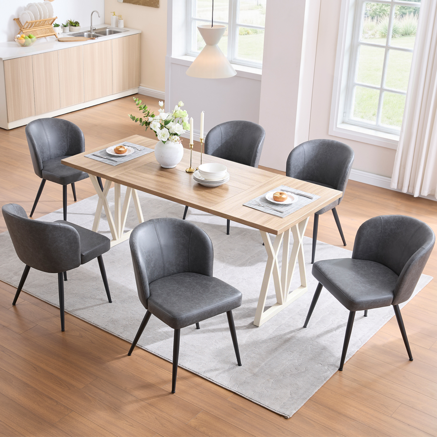 Sailvan Gray Dining Chairs Set, Modern Living Room Chairs, Leather Kitchen Chairs, Mid Century Style Upholstered Chairs for Dining room, With Cushion Seat And Metal Legs, Easy Assembly