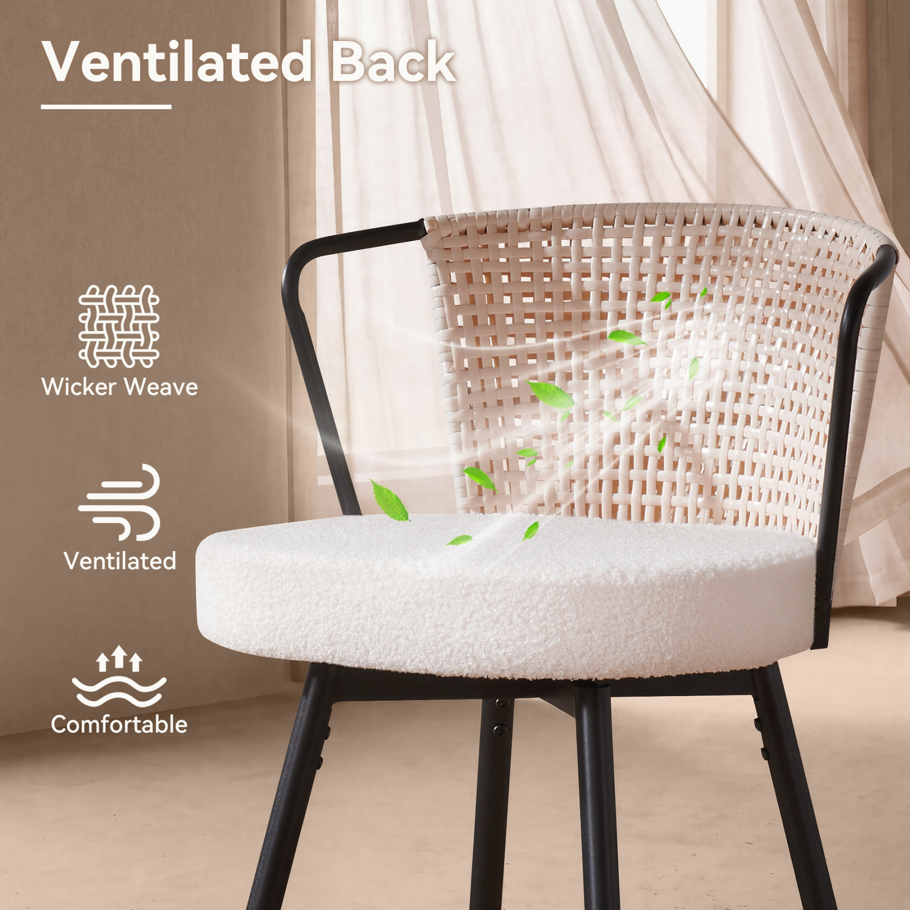 Sailvan Swivel Bar Stool Set, 35.8" Rattan Counter Height Bar Chairs with Back & Footrest, Modern Upholstered Counter Stools for Kitchen Island, Easy Assembly, Beige