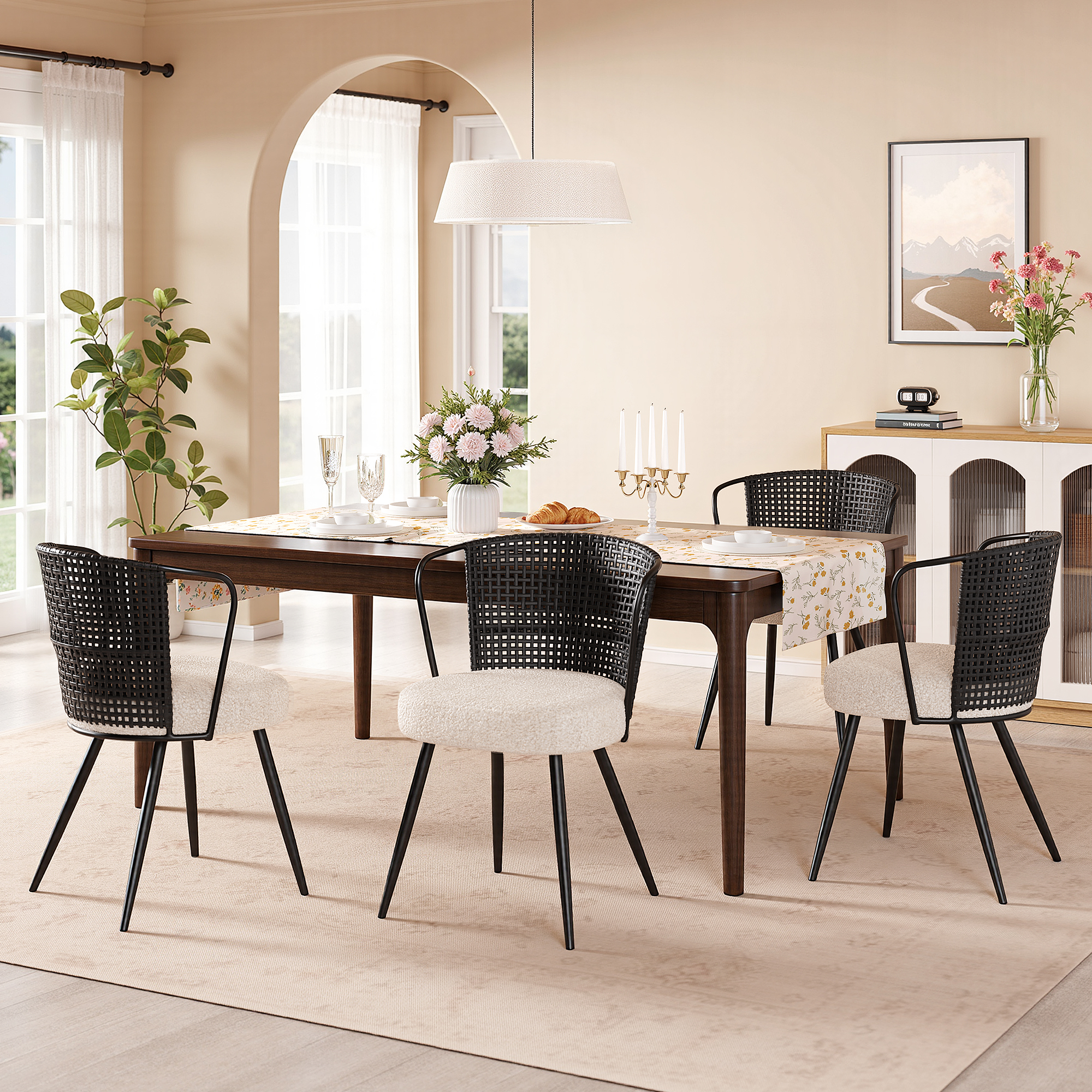 Dining Chair Set of 6, Upholstered Kitchen & Dining Room Chairs Tufted Accent Chairs with Rattan Backrest & Lamb Fleece Fabric Cushion, Wingback Dining Room Seat