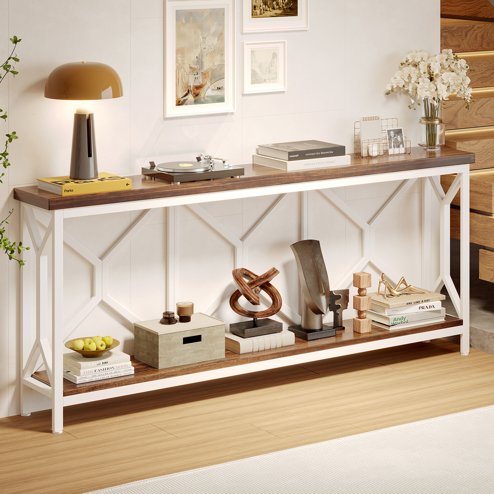 Sailvan 70.9" Extra Long Entryway Table, Narrow Wood Industria Console Table Behind Couch with Large Storage Space, Thick Sofa Table for Hallway, Entryway, Living Room, Foyer, Walnut and White