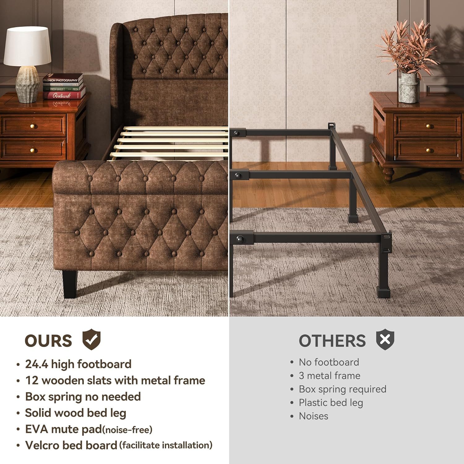 Susalt Queen Size Platform Bed Frame, Chenille Upholstered Sleigh Bed Frame with Scroll Footboard, Button Tufted/Wood Slats Support/No Box Spring Needed