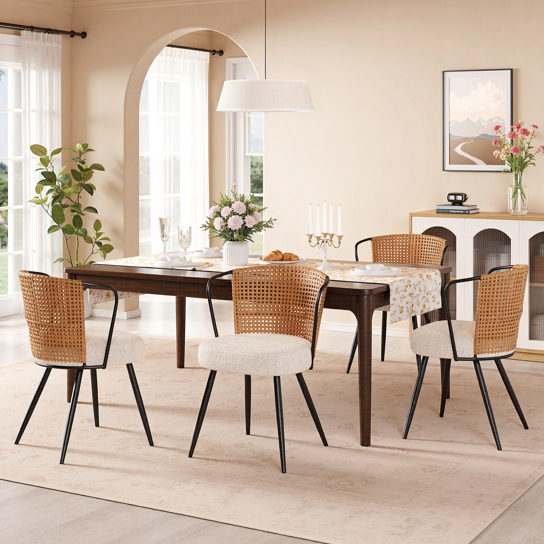 Dining Chair Set of 6, Upholstered Kitchen & Dining Room Chairs Tufted Accent Chairs with Rattan Backrest & Lamb Fleece Fabric Cushion, Wingback Dining Room Seat