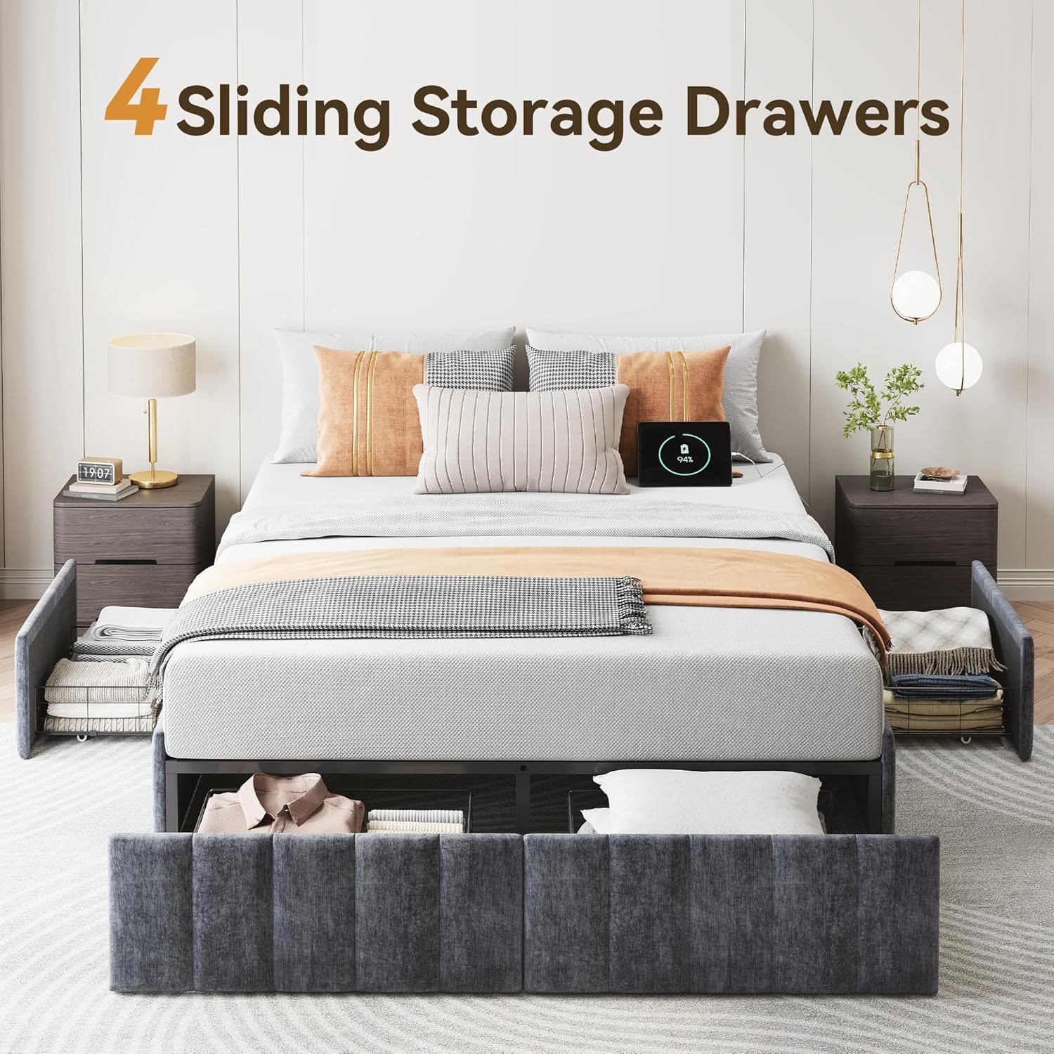 Queen Bed Frame with 4 Storage Drawers & Charging Station, Heavy Duty Wood Beds for Dorms Apartment, Easy Assembly Gray Bed with 1000lbs Capacity, No Box Spring Needed, Noise Free