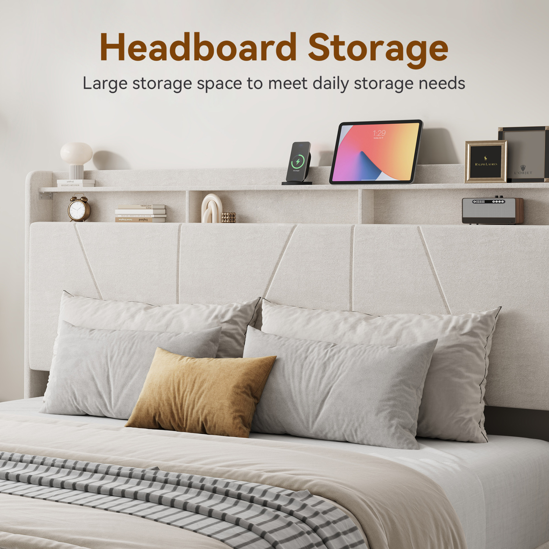 Sailvan Queen Size Bed Frame Upholstered Platform Queen Size Bed Frame with 52" Velvet Tall Headboard Wingback,No Box Spring Needed, Noise Free/Easy Assembly, Beige