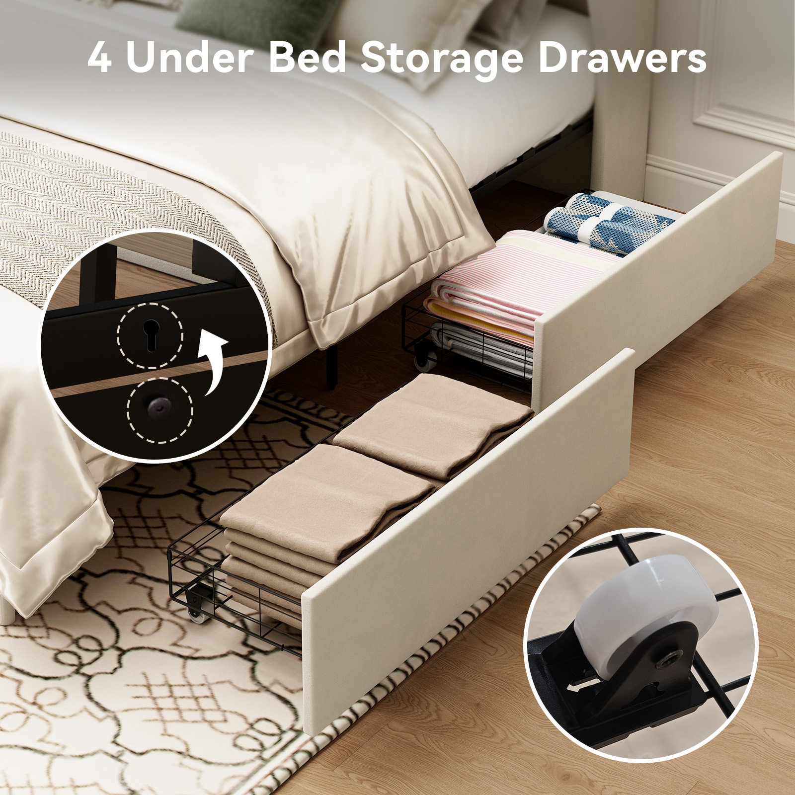 Sailvan Queen Bed Frame with Tall Wingback Headboard,Upholstered Platform Bed Frame with Charging Station, 4 Storage Drawers, Button Tufted, Easy Assembly, No Box Spring Needed, Beige