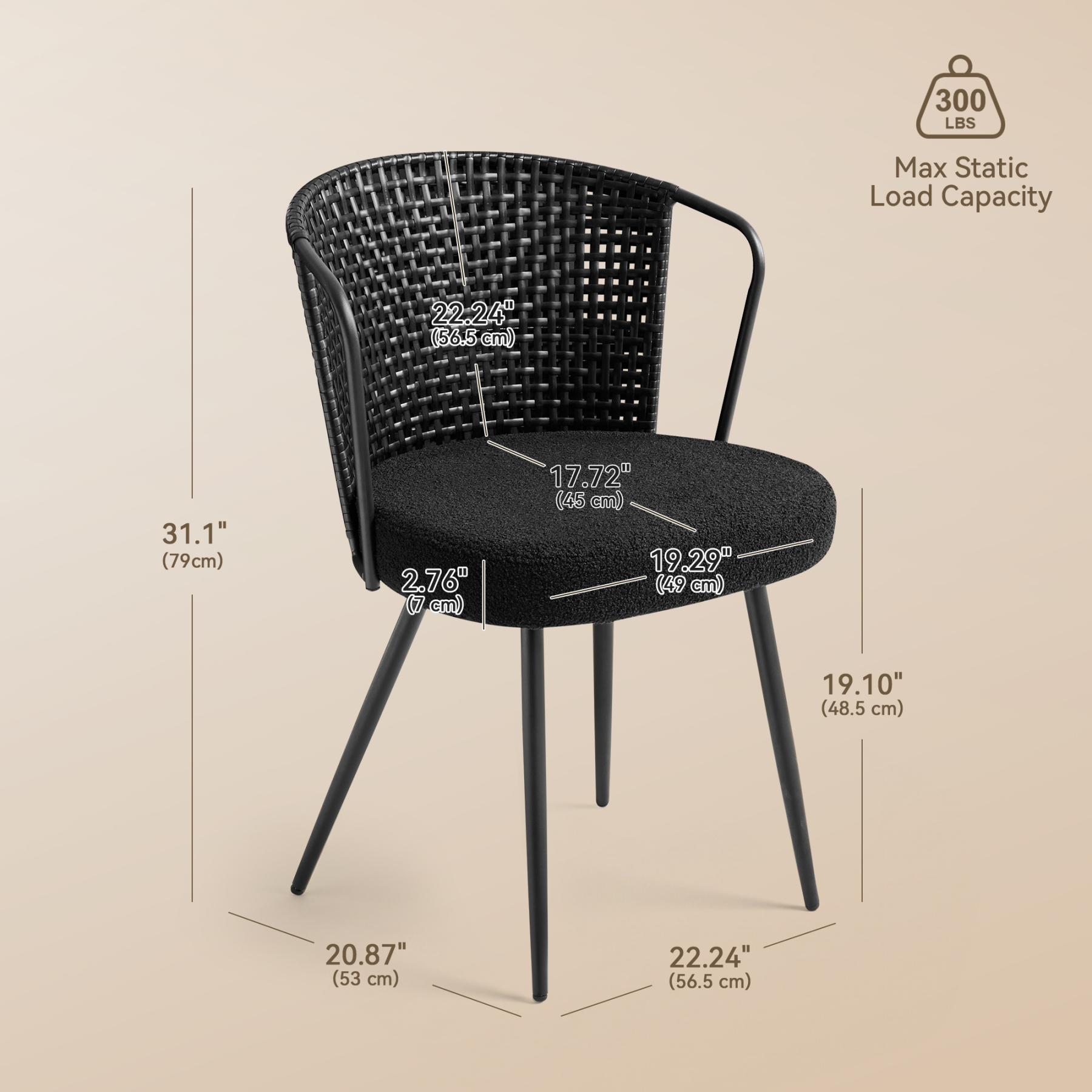 Sailvan Dining Chair Set, Accent Rattan Dining Room Chairs, Modern Kitchen Chairs with Lamb Fleece Cushion, Mid Century Style Living Room Chairs, Easy Assembly, Black