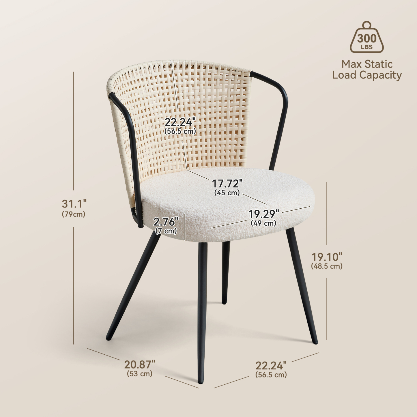 Sailvan Dining Chair Set, Accent Rattan Dining Room Chairs, Modern Kitchen Chairs with Lamb Fleece Cushion, Mid Century Style Living Room Chairs, Easy Assembly, Beige