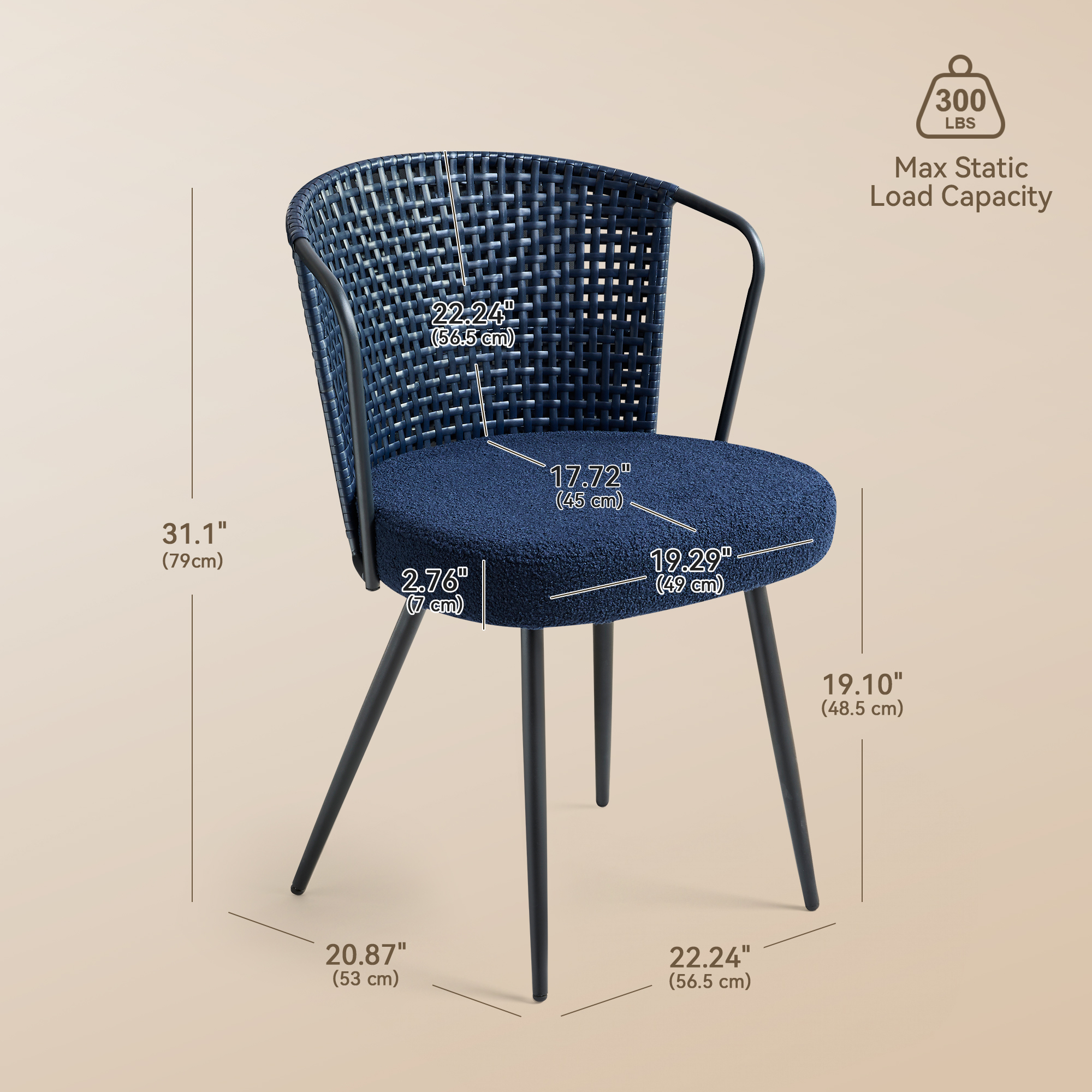 Sailvan Rattan Dining Chair Set, Accent Dining Room Chairs, Modern Kitchen Chairs with Lamb Fleece Cushion, Mid Century Style Living Room Chairs, Easy Assembly, Dark blue