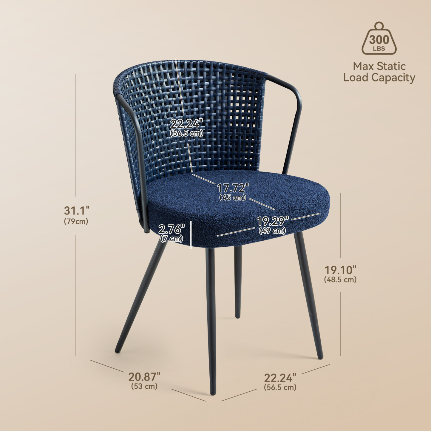 Sailvan Rattan Dining Chair Set, Accent Dining Room Chairs, Modern Kitchen Chairs with Lamb Fleece Cushion, Mid Century Style Living Room Chairs, Easy Assembly, Dark blue