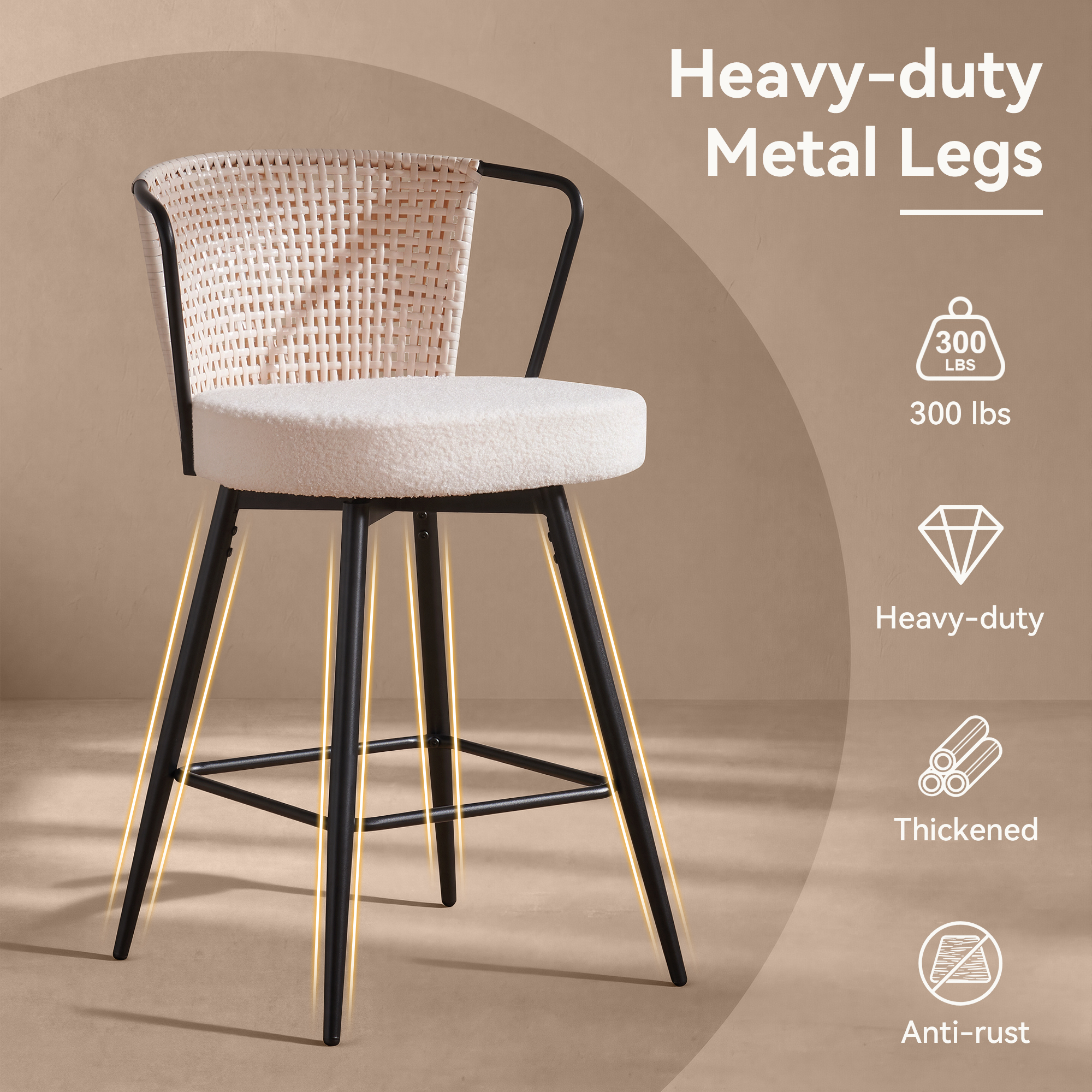 Sailvan Swivel Bar Stool Set, 35.8" Rattan Counter Height Bar Chairs with Back & Footrest, Modern Upholstered Counter Stools for Kitchen Island, Easy Assembly, Beige