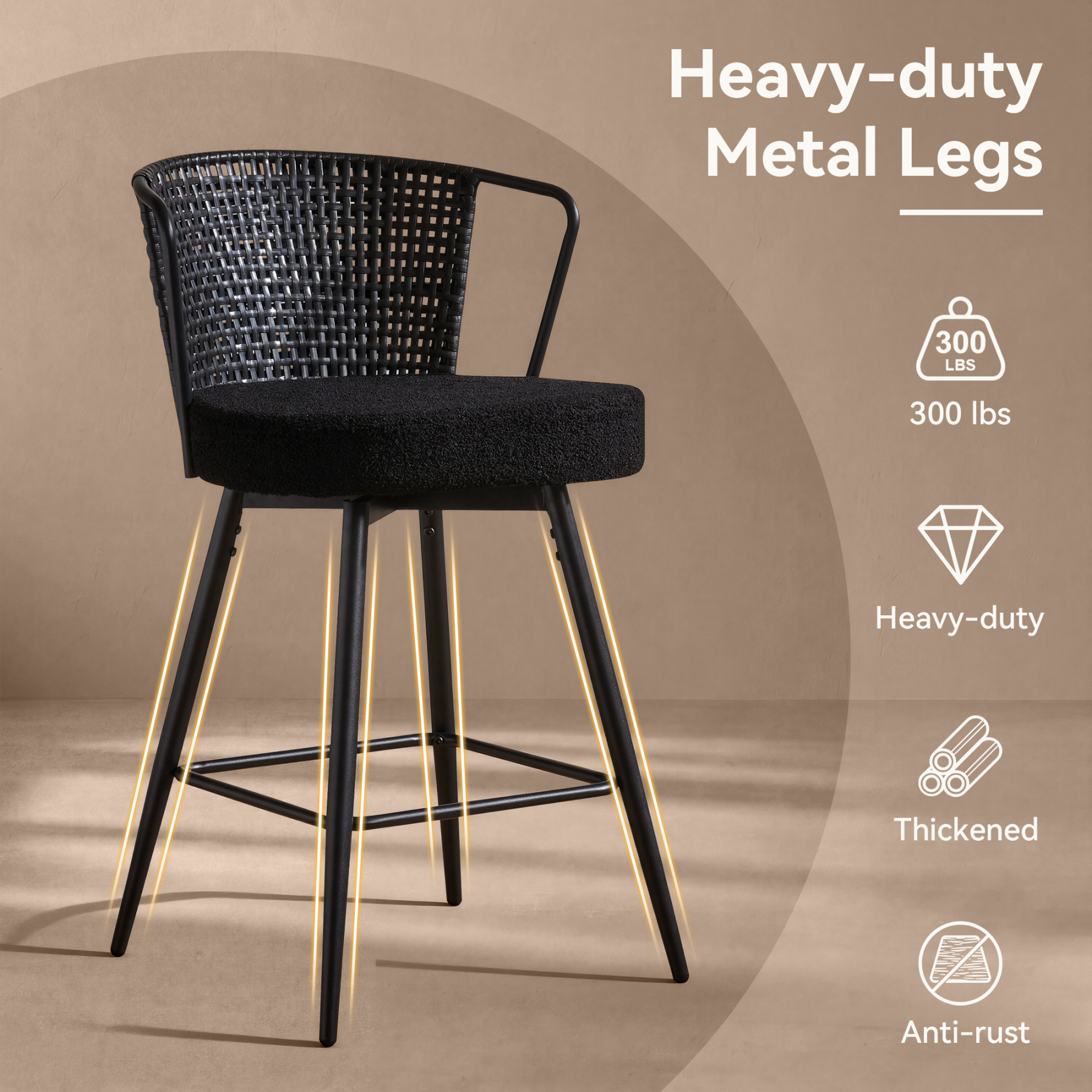 Sailvan Swivel Bar Stool Set, 35.8" Rattan Counter Height Bar Chairs with Back & Footrest, Modern Upholstered Counter Stools for Kitchen Island, Easy Assembly, Black