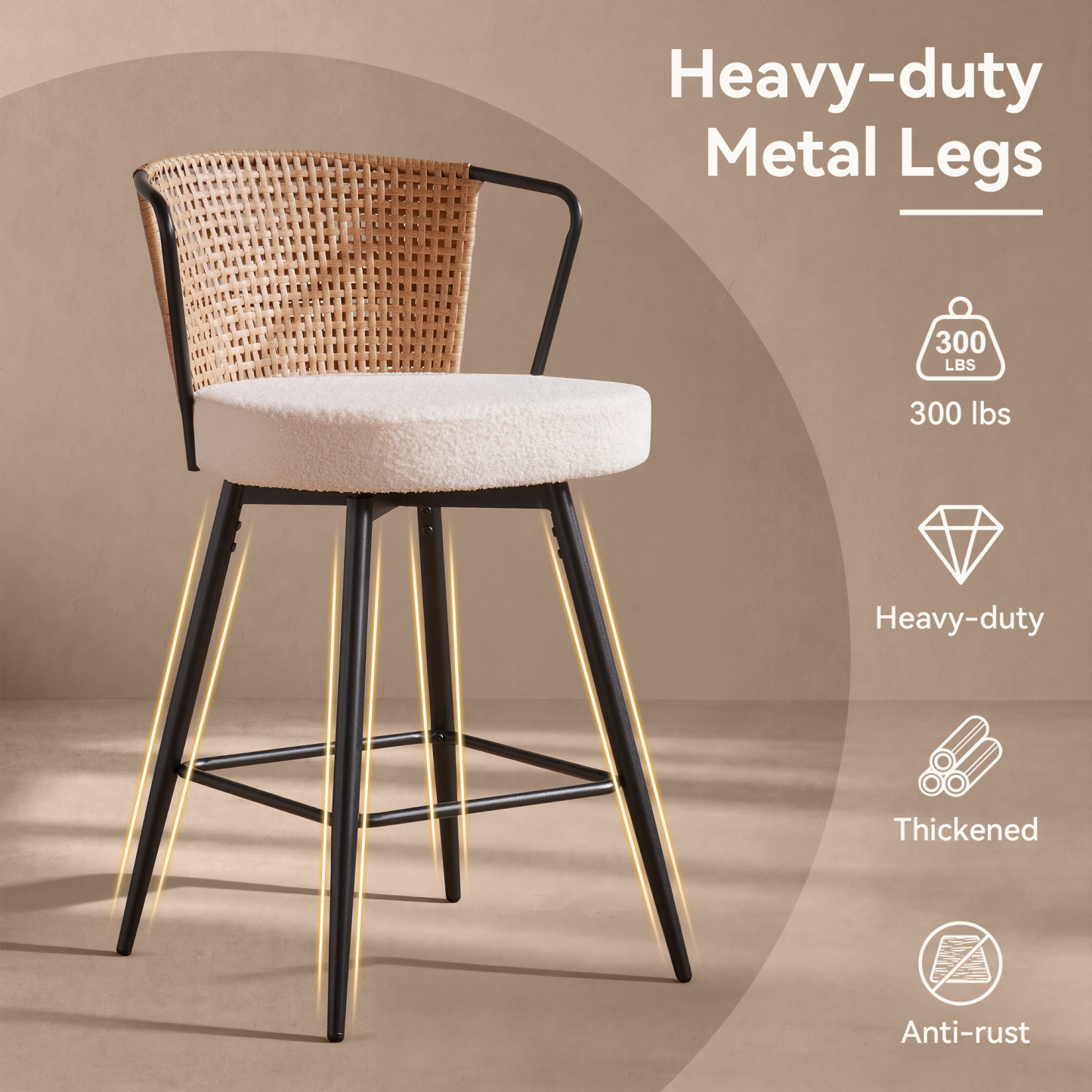 Sailvan Swivel Bar Stool Set, 35.8" Rattan Counter Height Bar Chairs with Back & Footrest, Modern Upholstered Counter Stools for Kitchen Island, Easy Assembly, Brown
