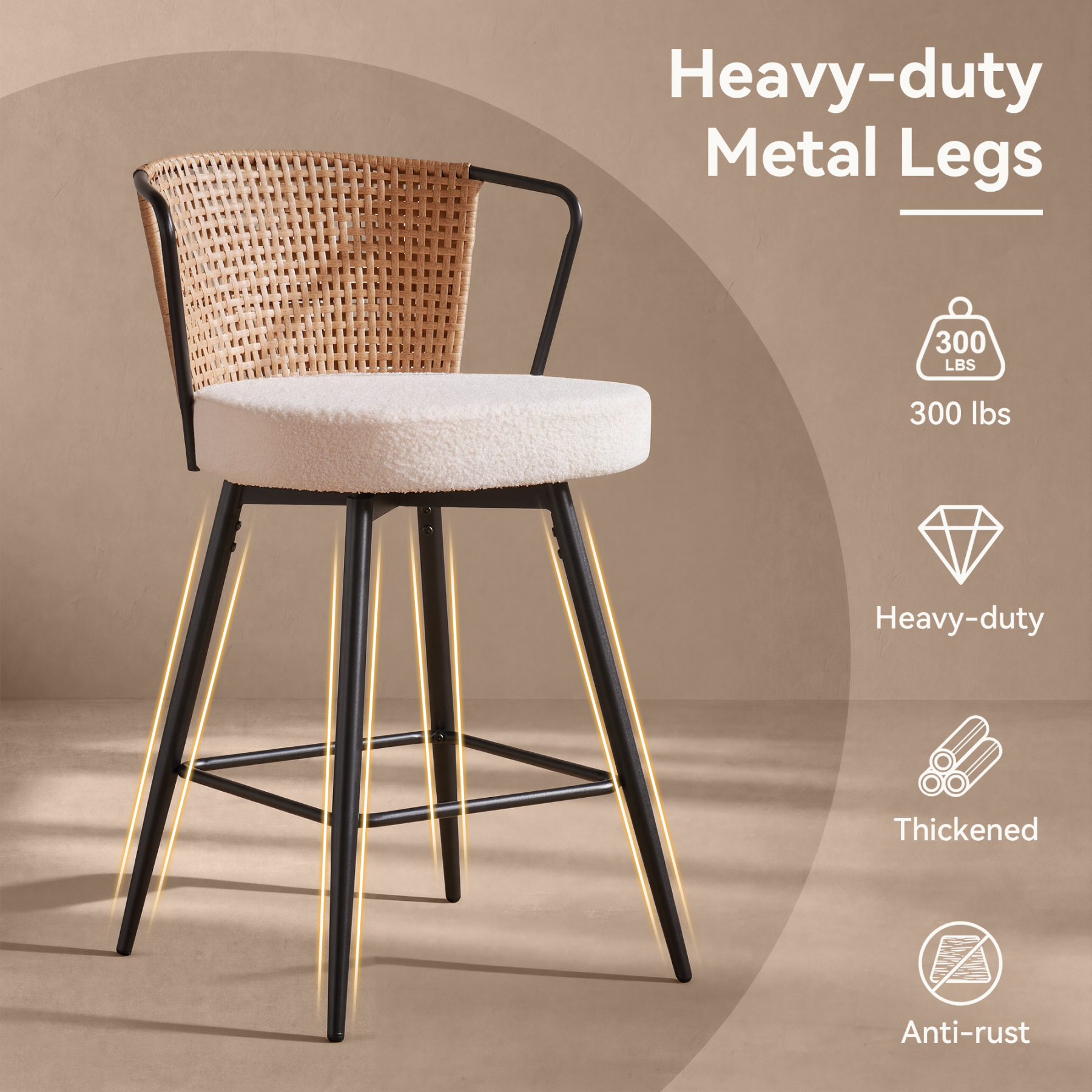 Sailvan Swivel Bar Stool Set, 35.8" Rattan Counter Height Bar Chairs with Back & Footrest, Modern Upholstered Counter Stools for Kitchen Island, Easy Assembly, Brown