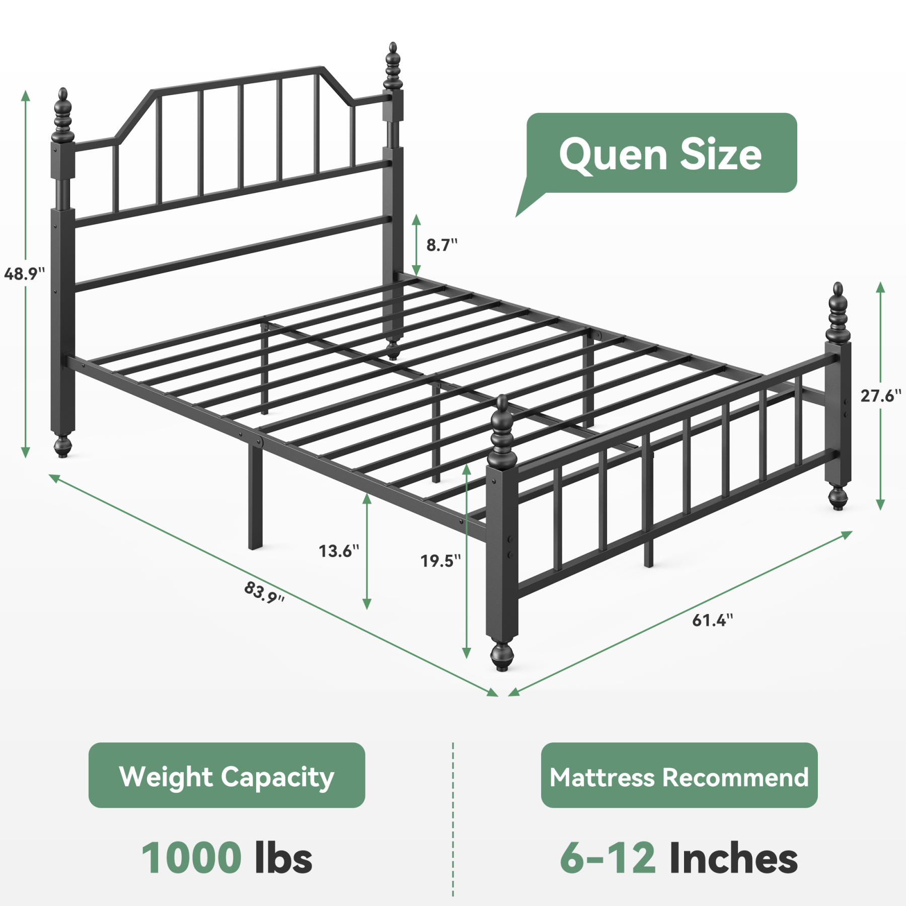 Sailvan Queen Bed Frame, Queen Szie Metal Bed Frames with 48'' Tall Headboard , Heavy Duty Platform Bed with Under Bed Storage, No Box Spring Needed, 1000 lbs Capacity, Black