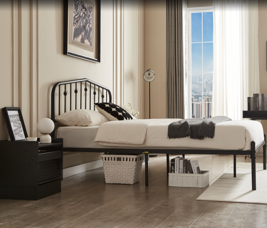 Queen Bed Frames Metal Platform Bed with Victorian Style Wrought Iron Headboard, Easy Assembly Black Bed with 1000lbs Capacity, No Box Spring Needed, Noise Free