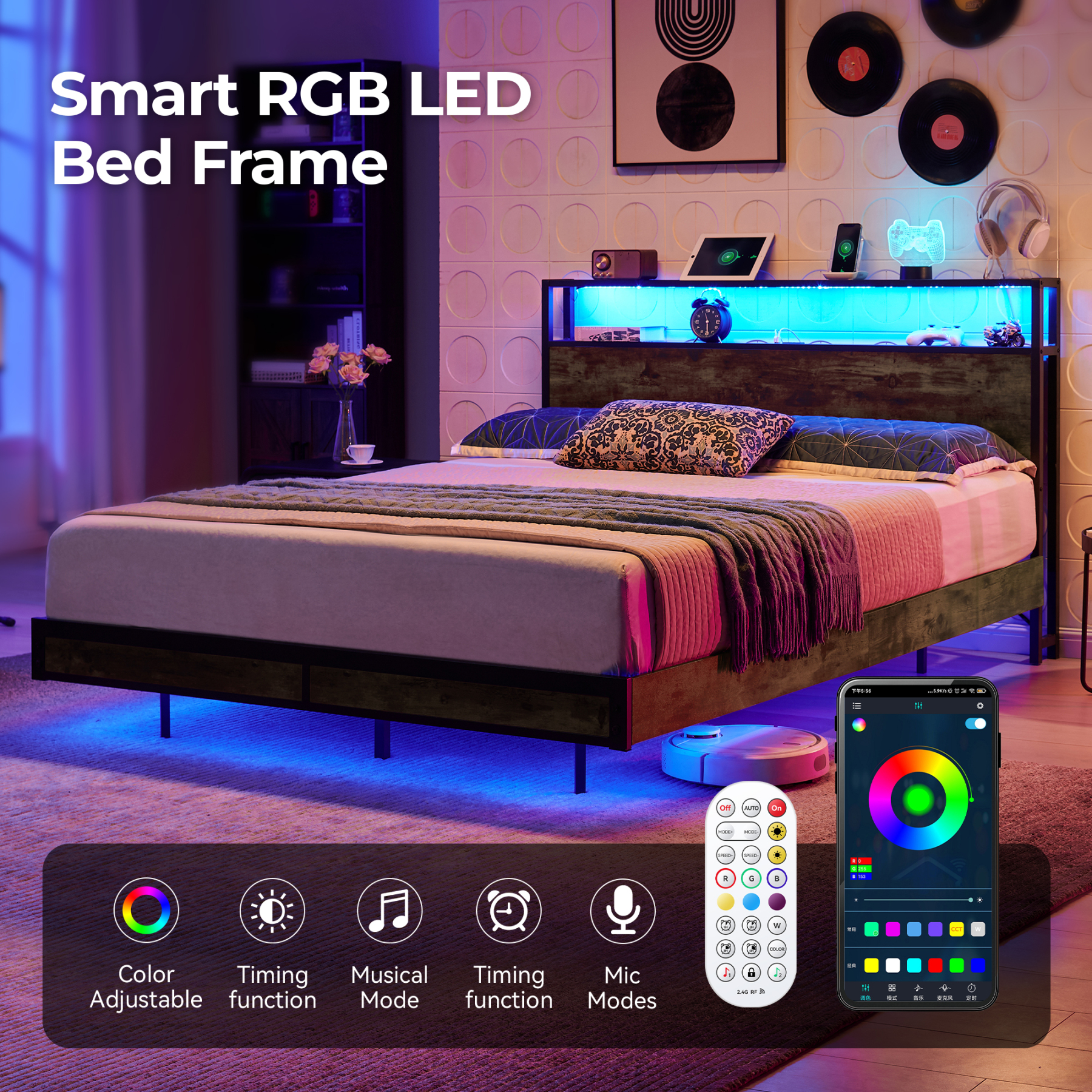 Sailvan Bed Frame, Platform Bed Frame with Headboard and Storage Shelves, LED Light with Metal Slats, Outlets & USB, Dark Brown, Mattress Not Included