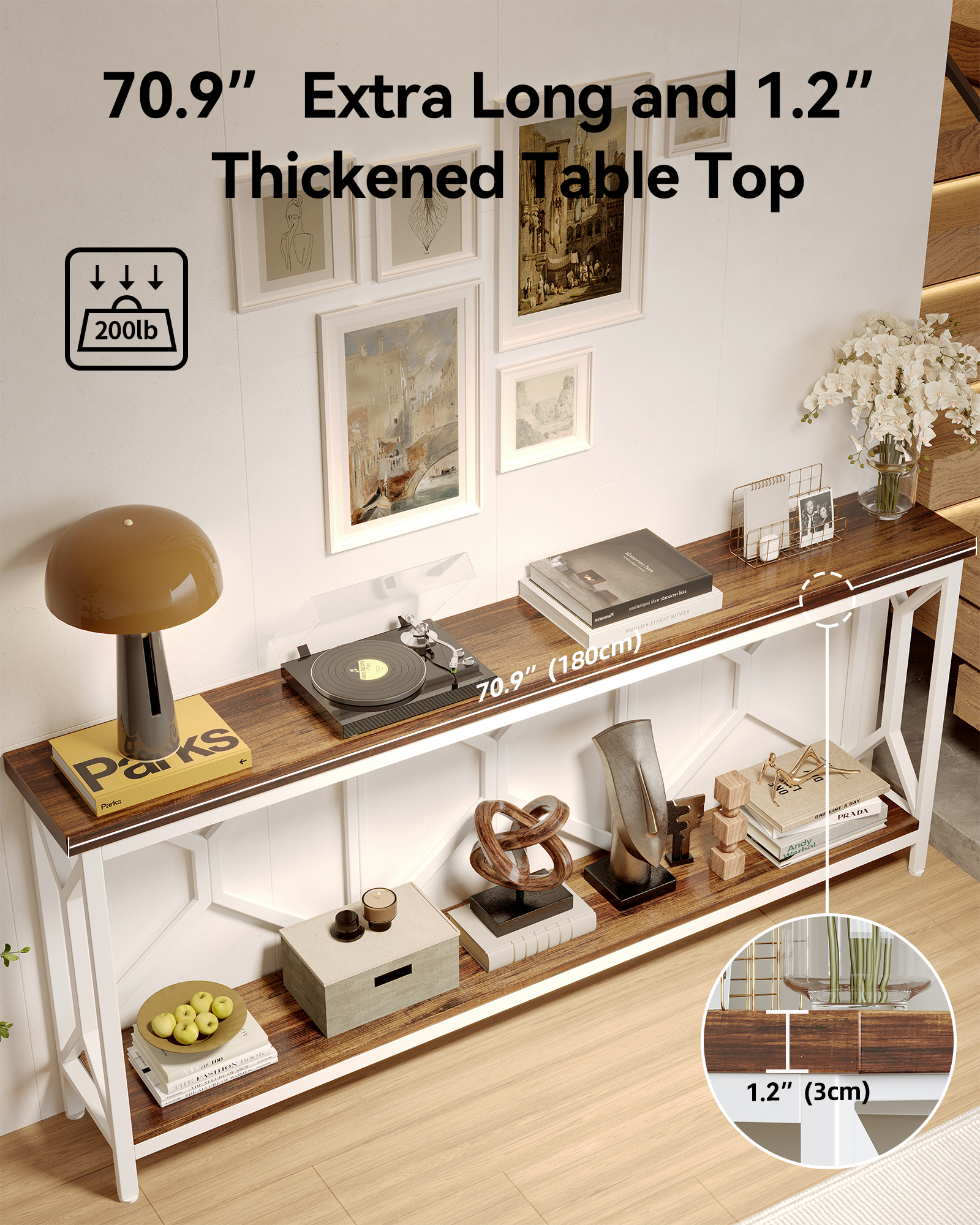 Sailvan 70.9" Extra Long Entryway Table, Narrow Wood Industria Console Table Behind Couch with Large Storage Space, Thick Sofa Table for Hallway, Entryway, Living Room, Foyer, Walnut and White