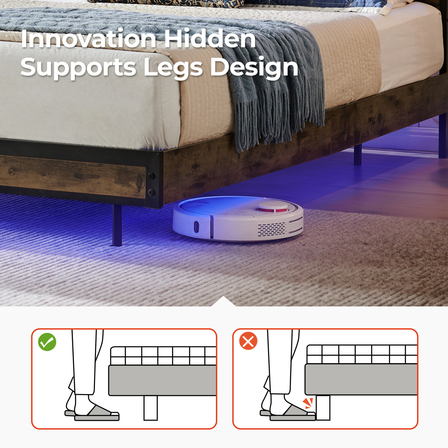 Susalt Bed Frame with LED Lights and Headboard, Metal Industrial Style Platform Full Size Bed Frame with Charging Station & LED Lights