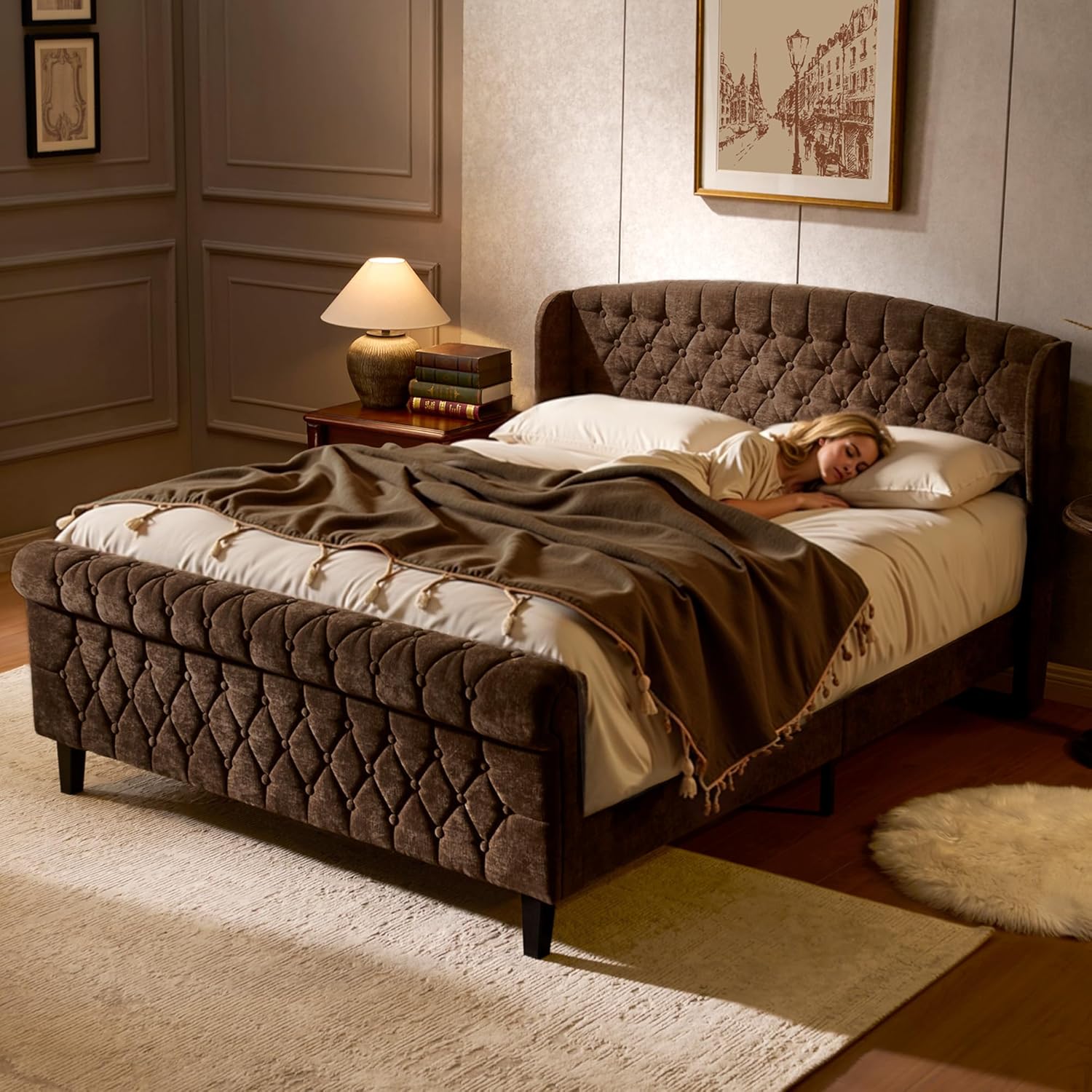 Susalt Queen Size Platform Bed Frame, Chenille Upholstered Sleigh Bed Frame with Scroll Footboard, Button Tufted/Wood Slats Support/No Box Spring Needed