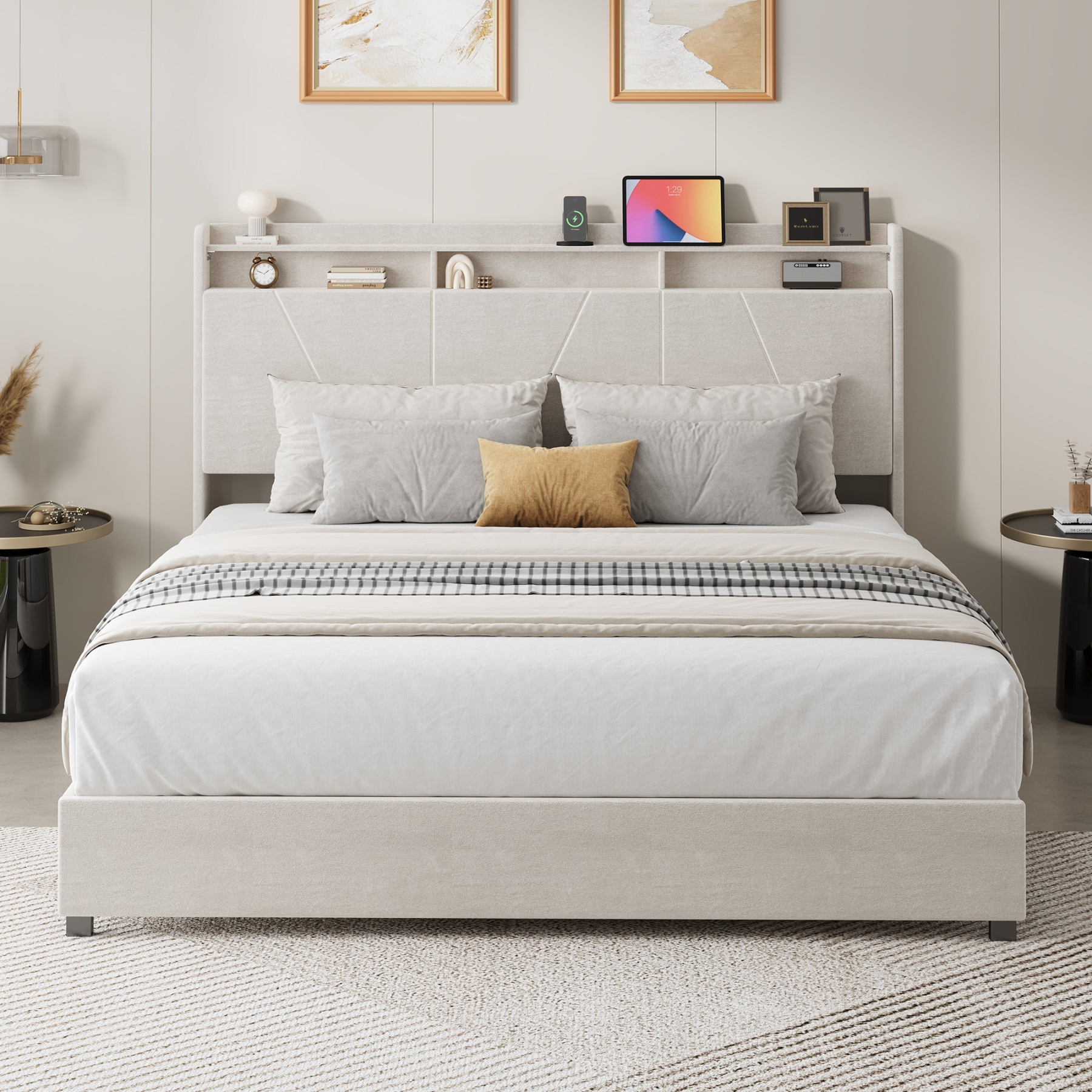 Sailvan Queen Size Bed Frame Upholstered Platform Queen Size Bed Frame with 52" Velvet Tall Headboard Wingback,No Box Spring Needed, Noise Free/Easy Assembly, Beige