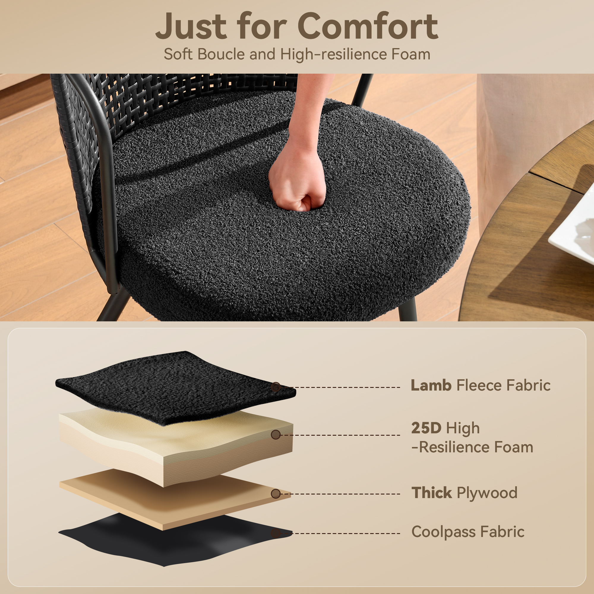 Sailvan Dining Chair Set, Accent Rattan Dining Room Chairs, Modern Kitchen Chairs with Lamb Fleece Cushion, Mid Century Style Living Room Chairs, Easy Assembly, Black
